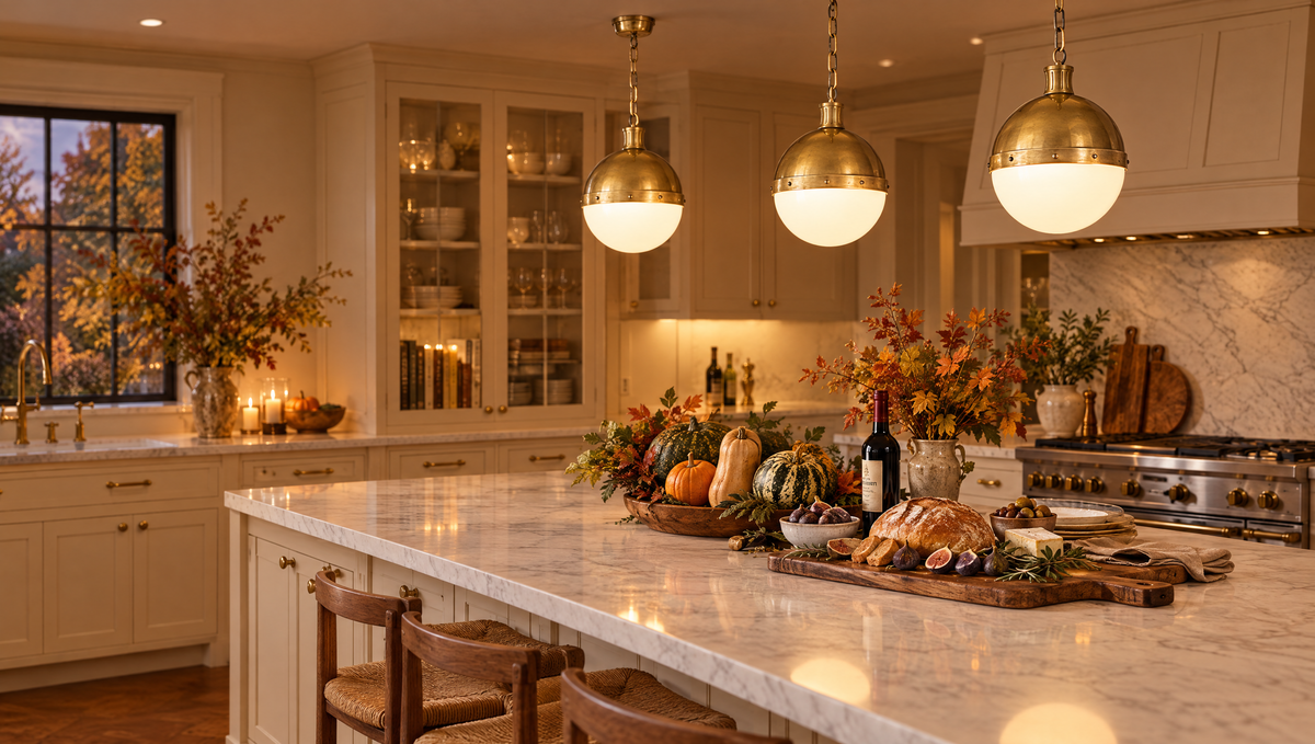 Autumn kitchen island lit by brass and opal glass pendants