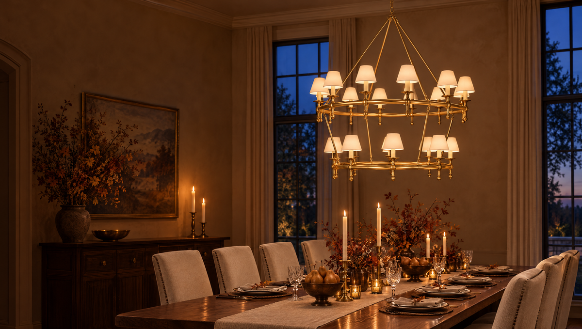 Dining room lit by a two-tier brass ring chandelier with linen shades