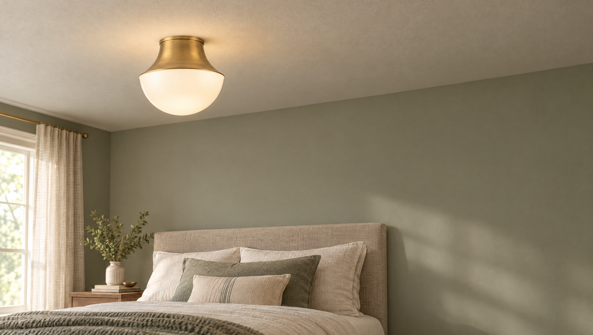 Lettie flush mount in aged brass in a styled room