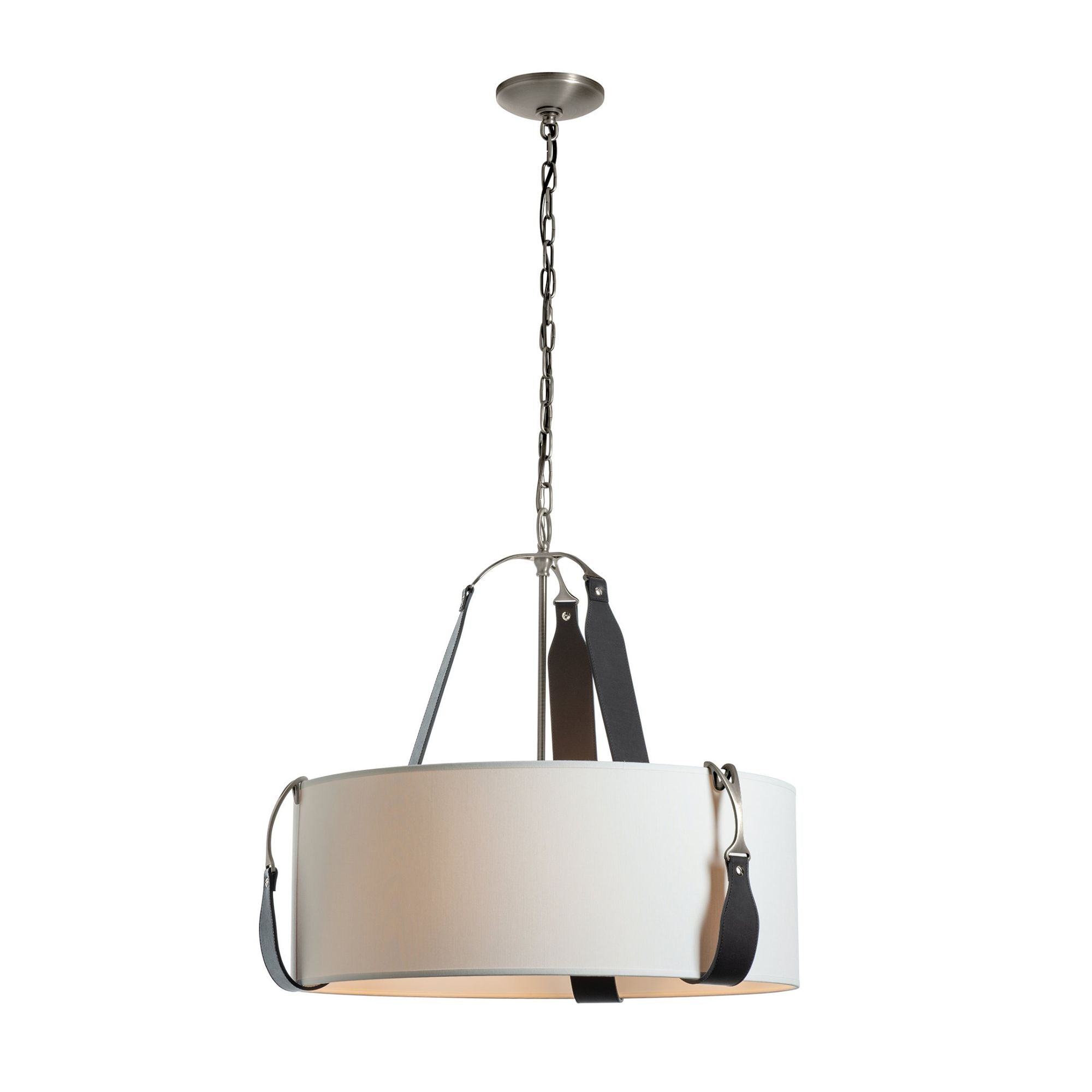 Saratoga Small Pendant 3-Light Black Leather Natural Anna Shade (SF) in Polished Nickel