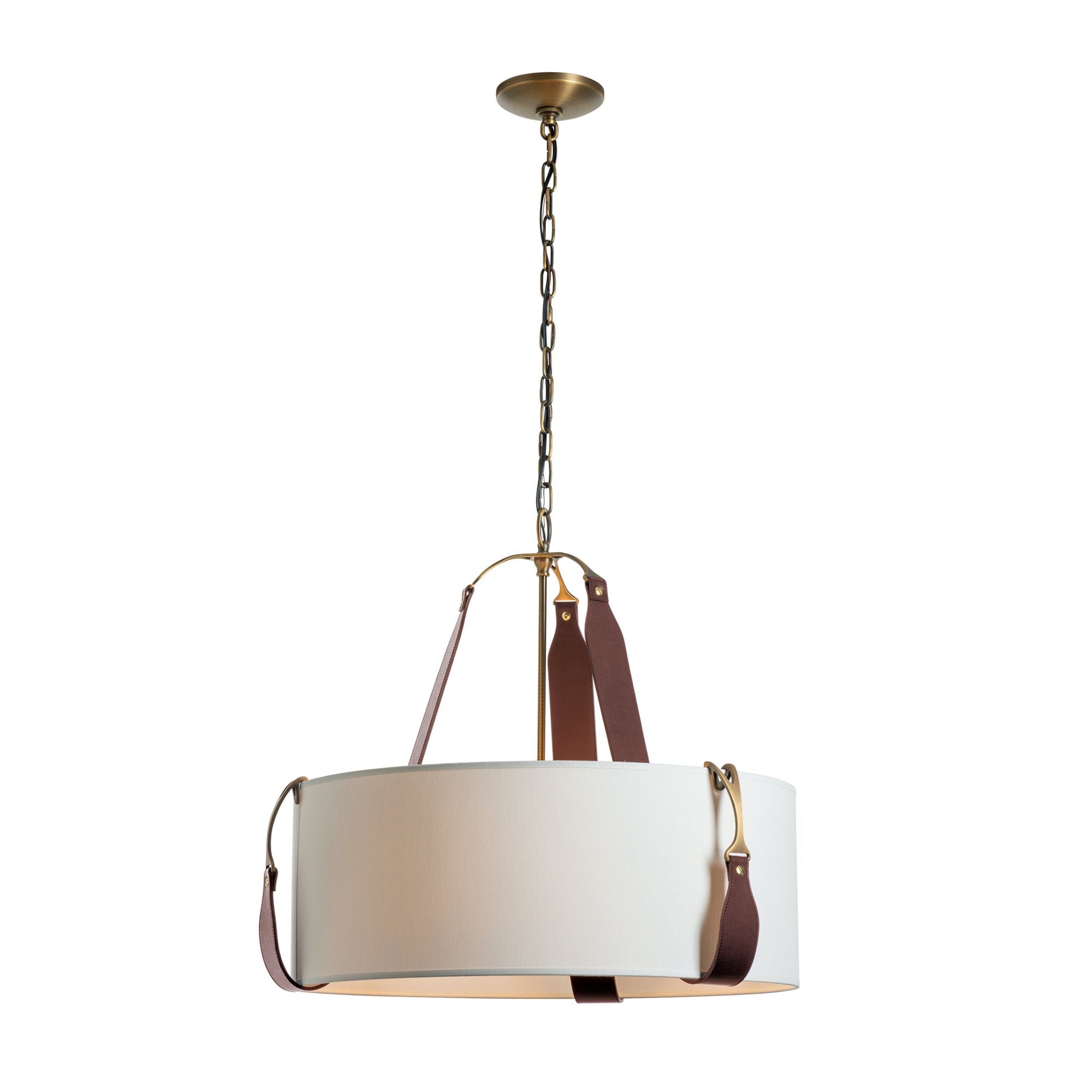 Saratoga Small Pendant 3-Light British Brown Leather Natural Anna Shade (SF) in Antique Brass