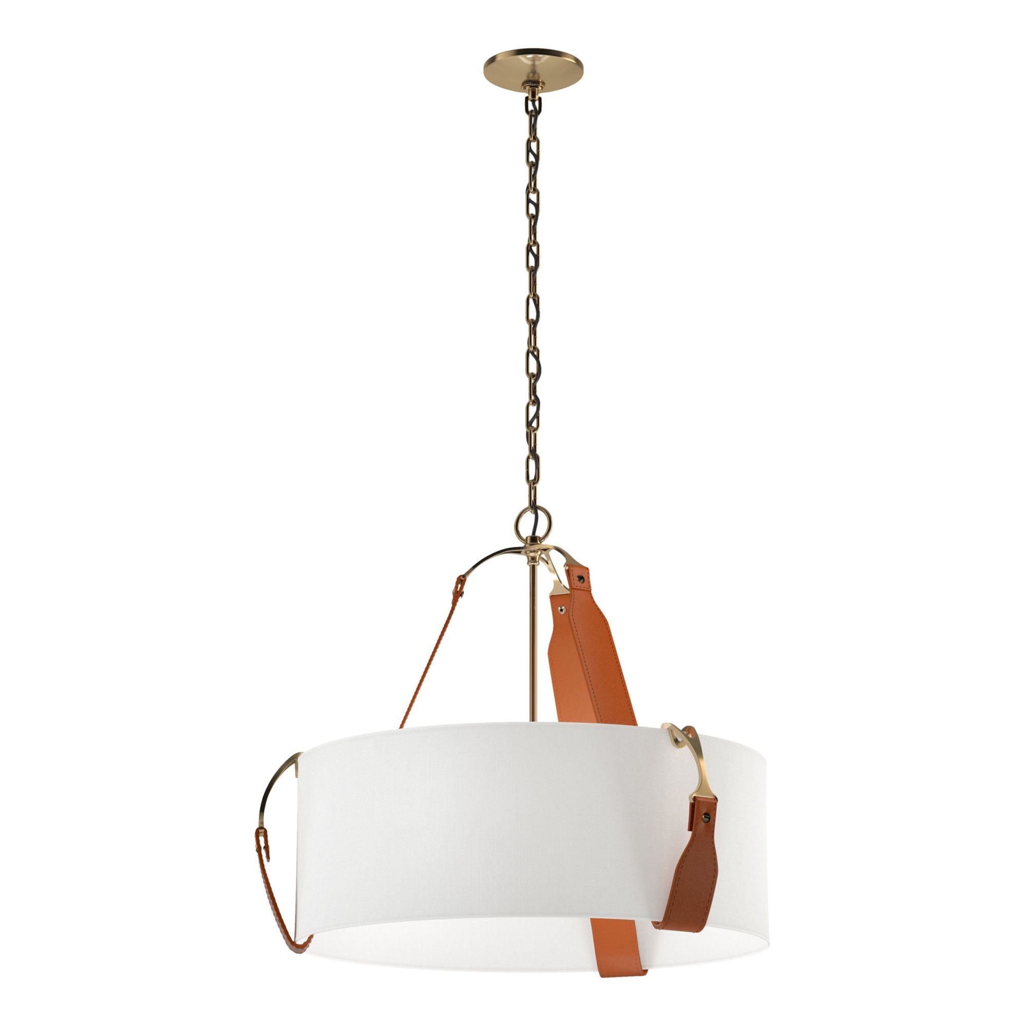 Saratoga Small Pendant 3-Light Chestnut Leather Natural Anna Shade (SF) in Antique Brass