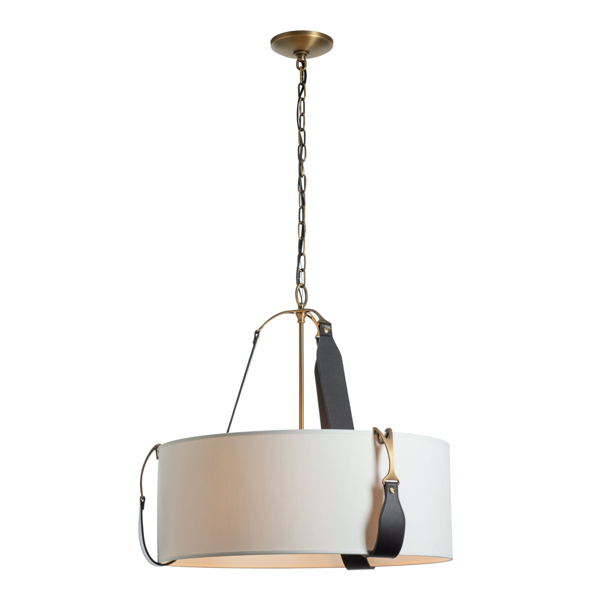 Saratoga Small Pendant 3-Light Black Leather Natural Anna Shade (SF) in Antique Brass