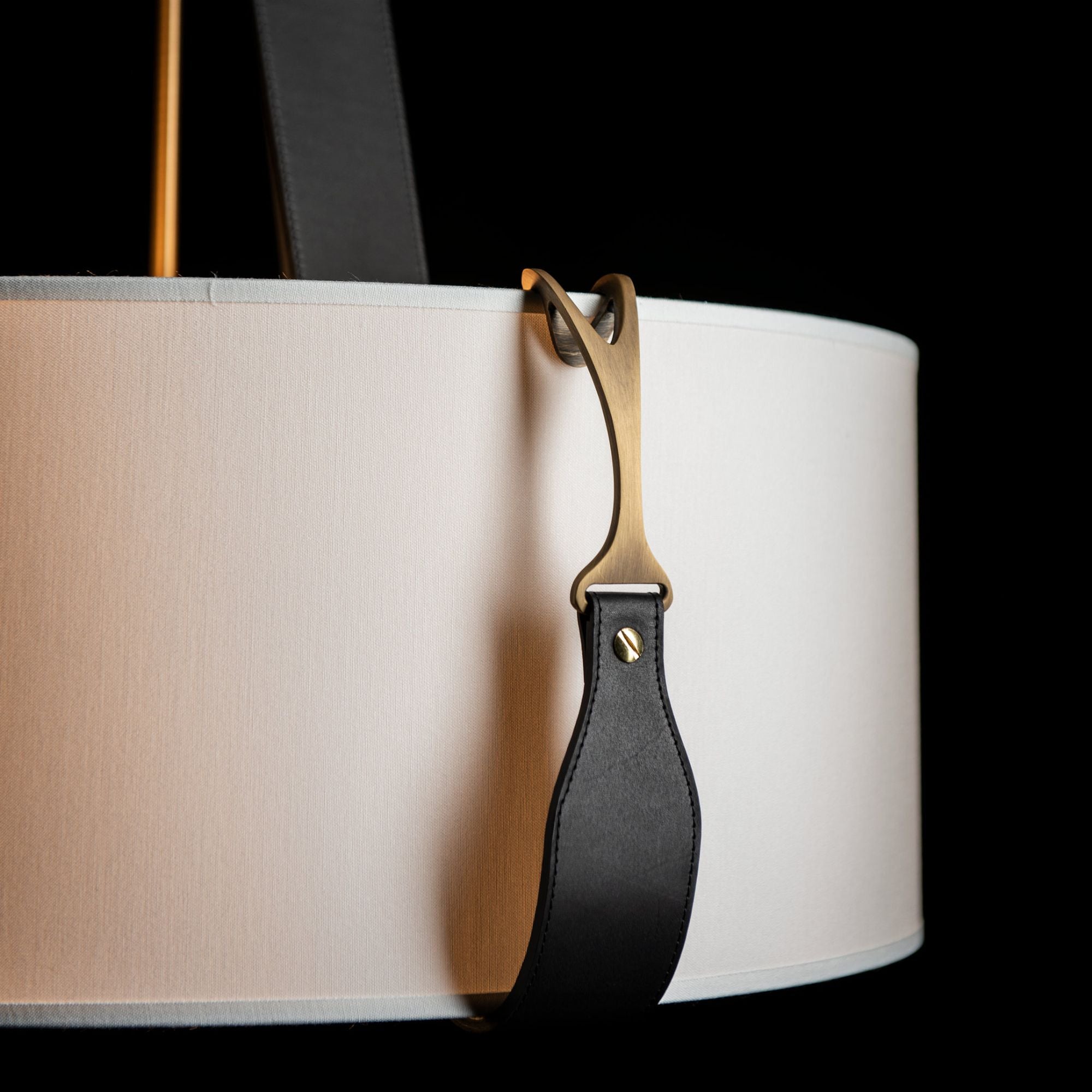 Saratoga Small Pendant 3-Light Black Leather Natural Anna Shade (SF) in Antique Brass