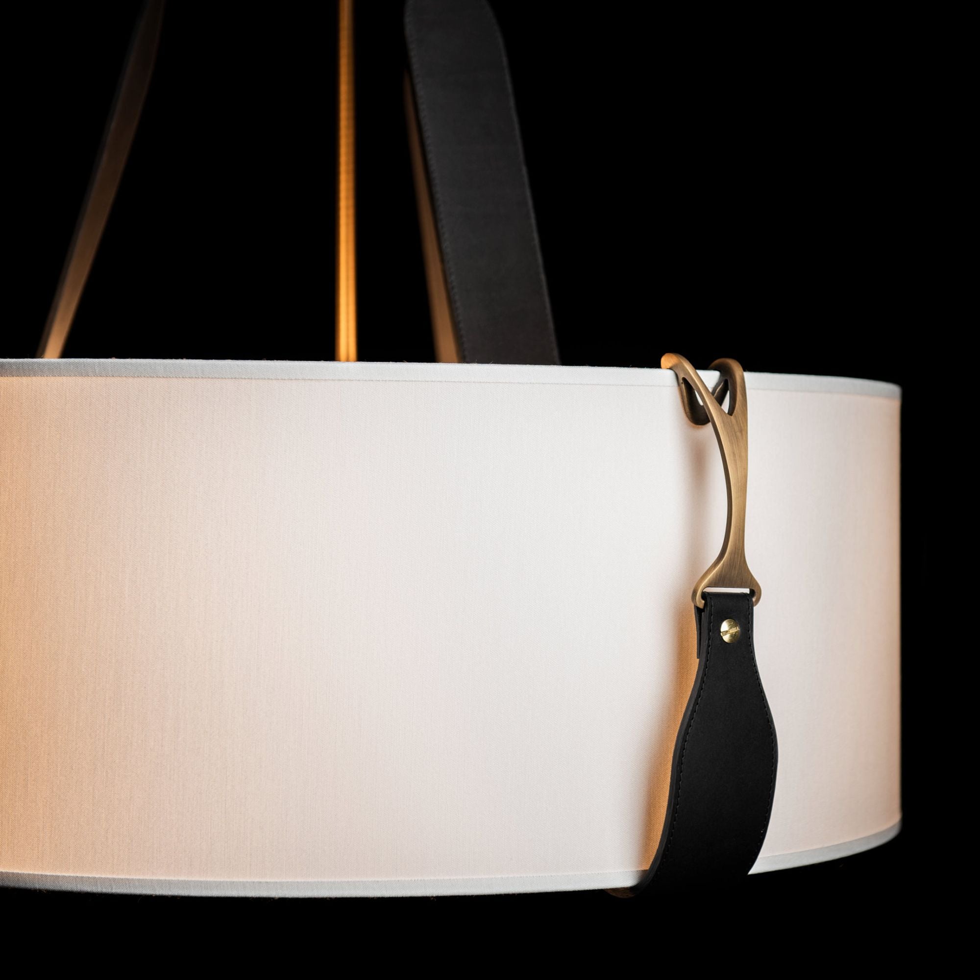 Saratoga Small Pendant 3-Light Black Leather Natural Anna Shade (SF) in Antique Brass