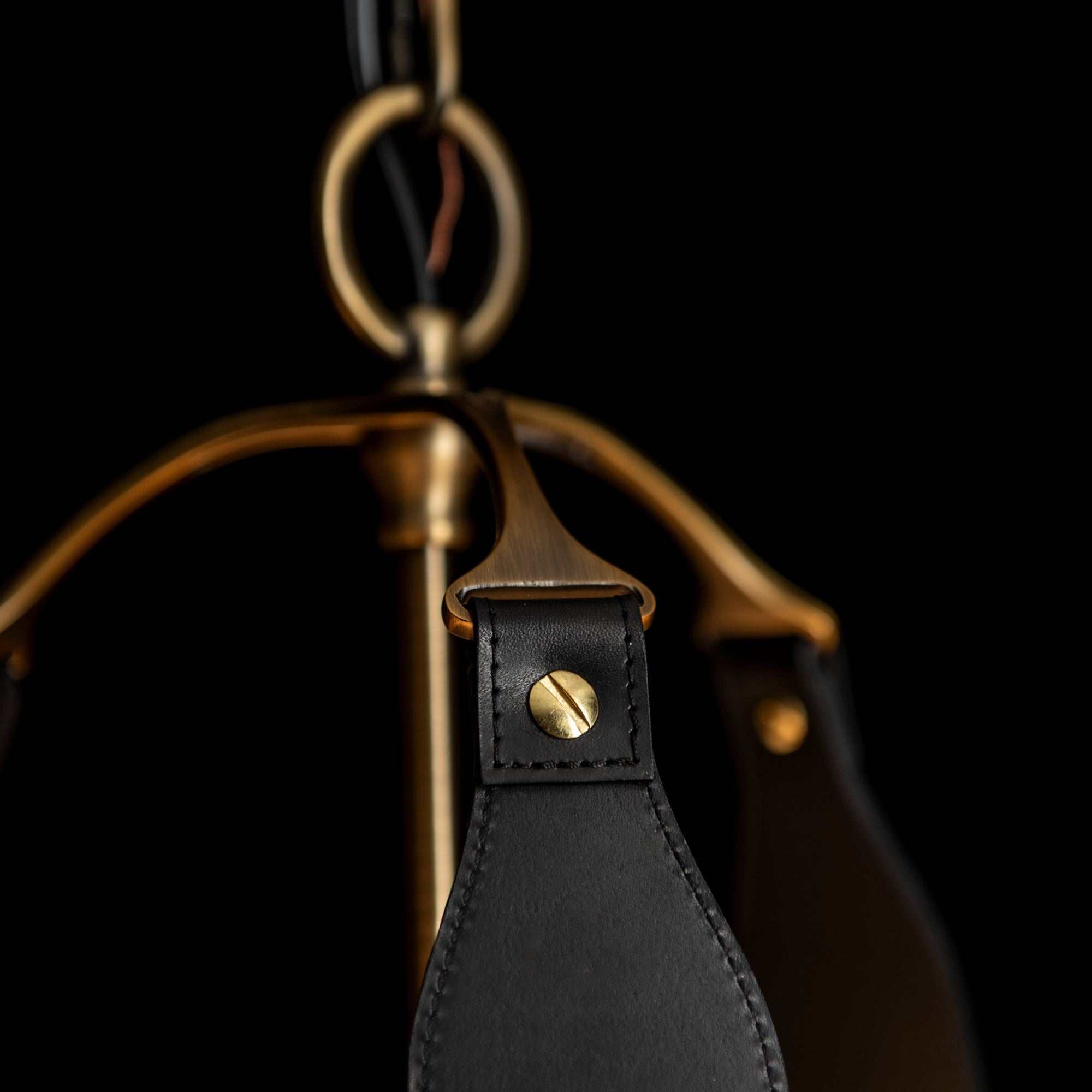 Saratoga Small Pendant 3-Light Black Leather Natural Anna Shade (SF) in Antique Brass