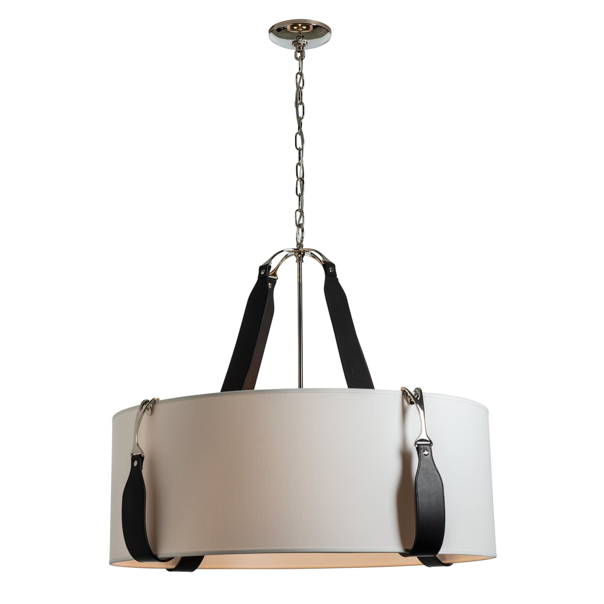 Saratoga Large Pendant 4-Light Black Leather Natural Anna Shade (SF) in Polished Nickel
