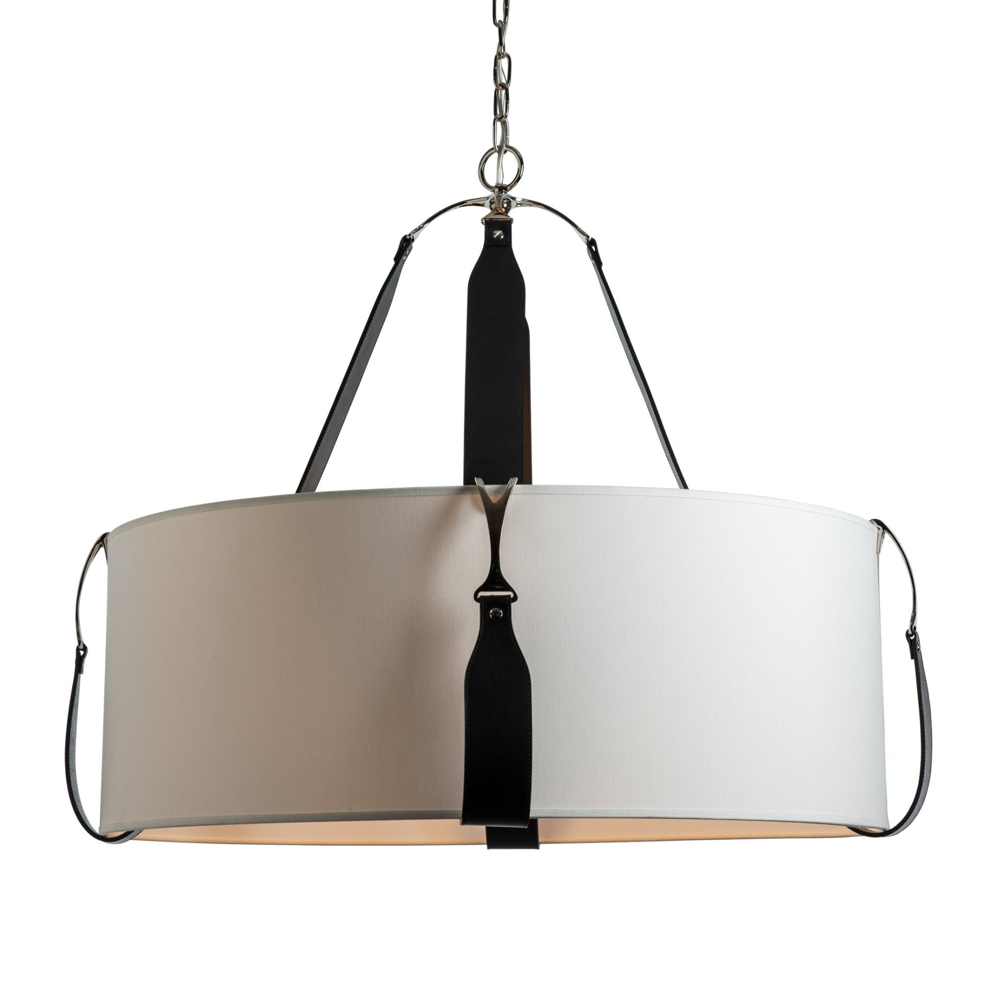 Saratoga Large Pendant 4-Light Black Leather Natural Anna Shade (SF) in Polished Nickel