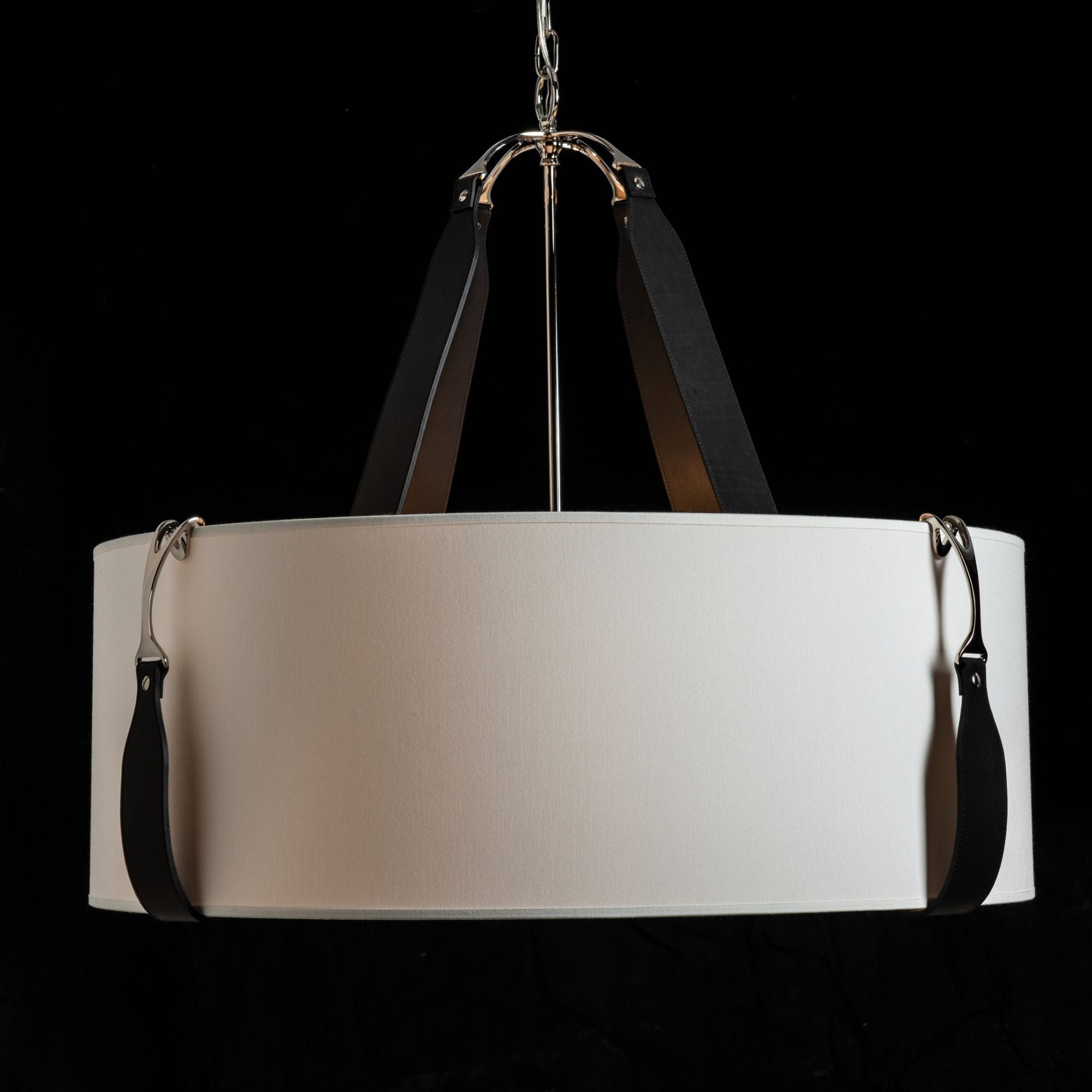 Saratoga Large Pendant 4-Light Black Leather Natural Anna Shade (SF) in Polished Nickel