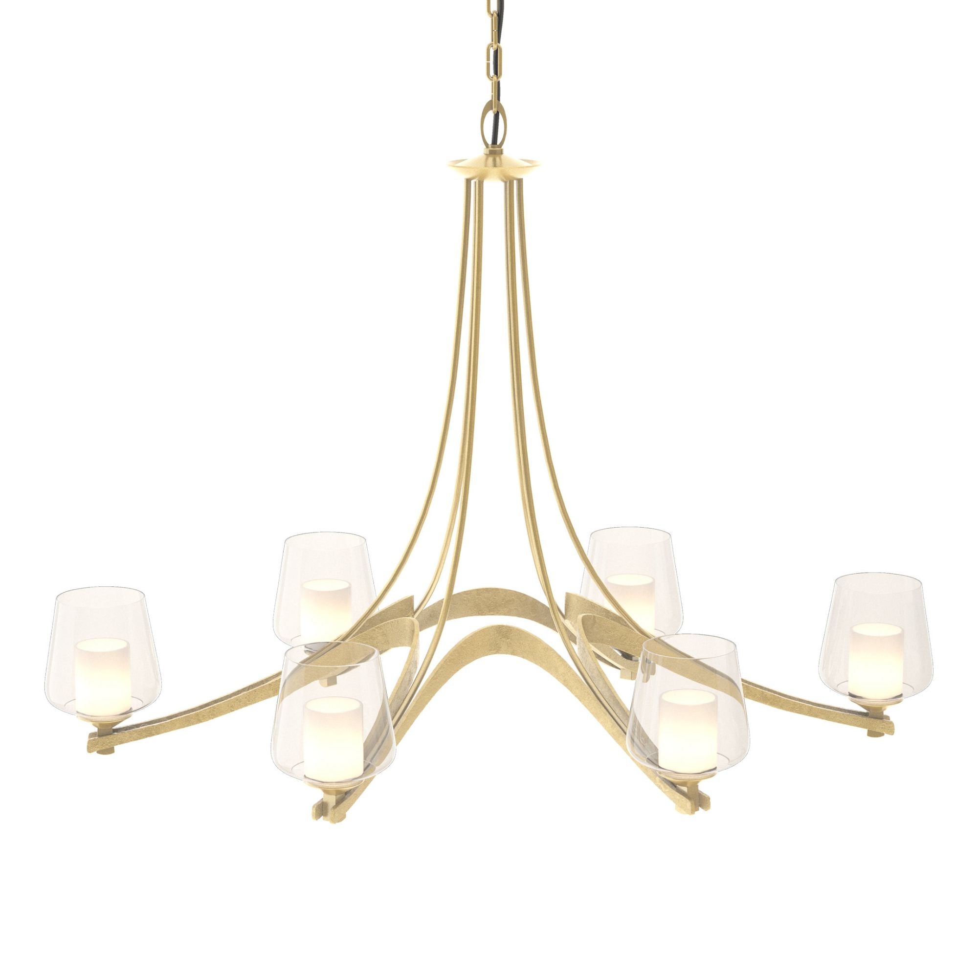 Oval Ribbon Clear Glass 6 Arm Chandelier 6-Light Clear Glass with Opal Diffuser (ZU) in Modern Brass