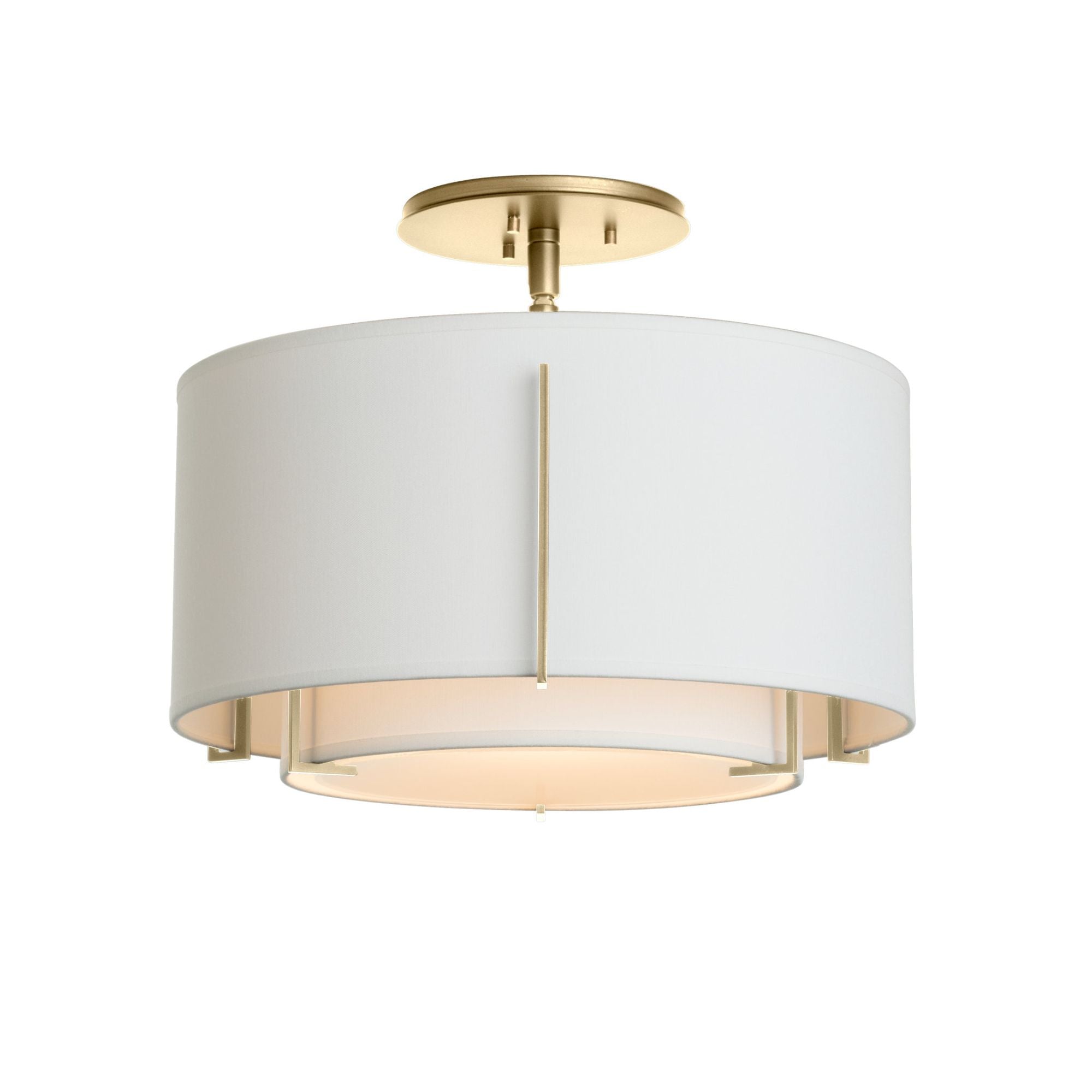 Exos Small Double Shade Semi-Flush 1-Light Natural Anna Inner Shade & Natural Anna Outer Shade in Modern Brass