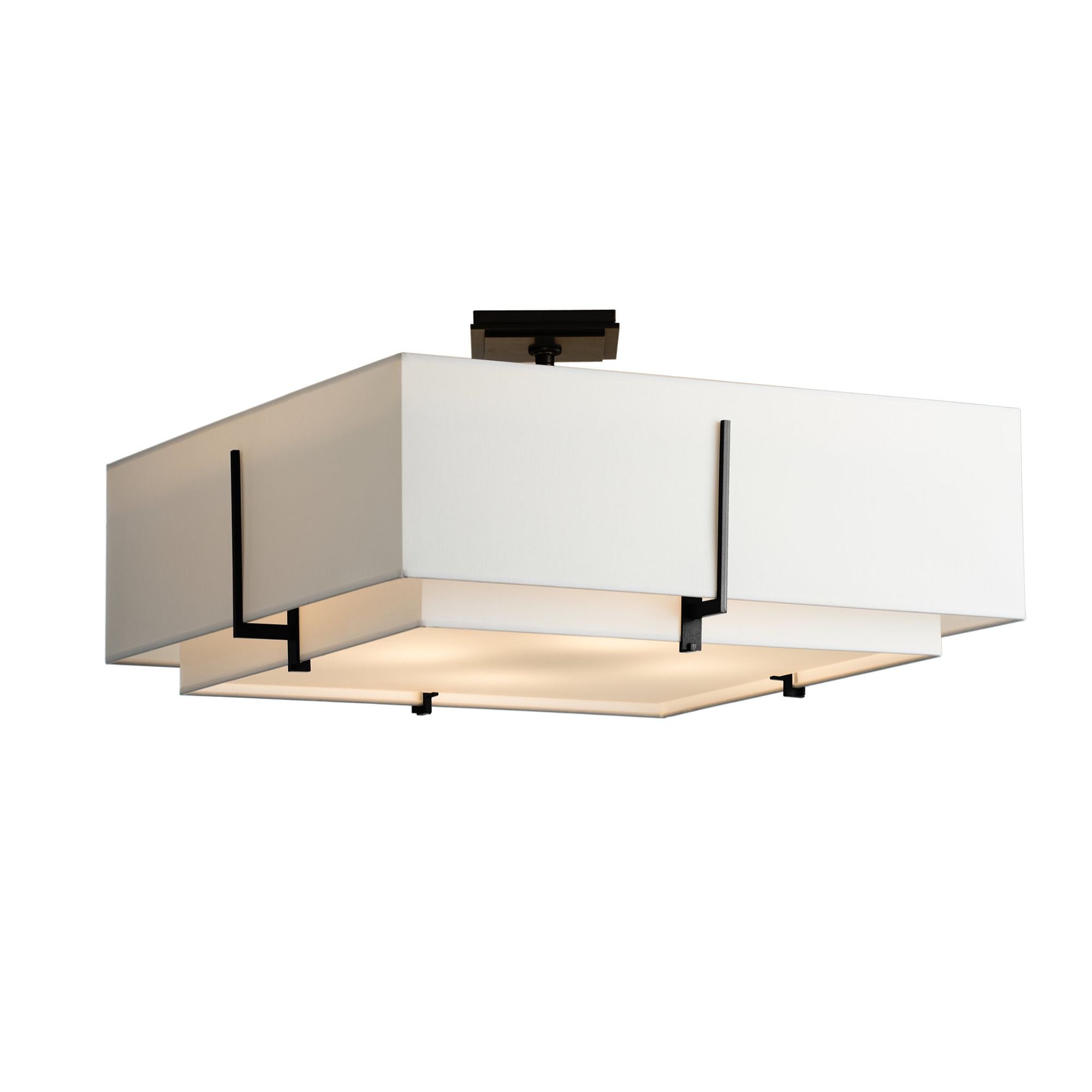 Exos Square Large Double Shade Semi-Flush 4-Light Natural Anna Inner Shade & Natural Anna Outer Shade in Black