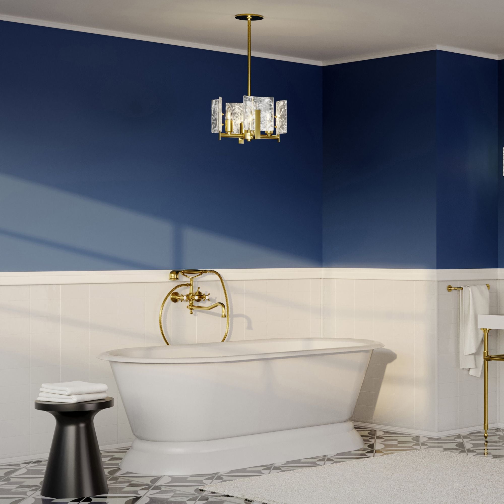 Arc 4-Light Semi-Flush/Pendant 4-Light White Swirl Glass (YR) in Modern Brass