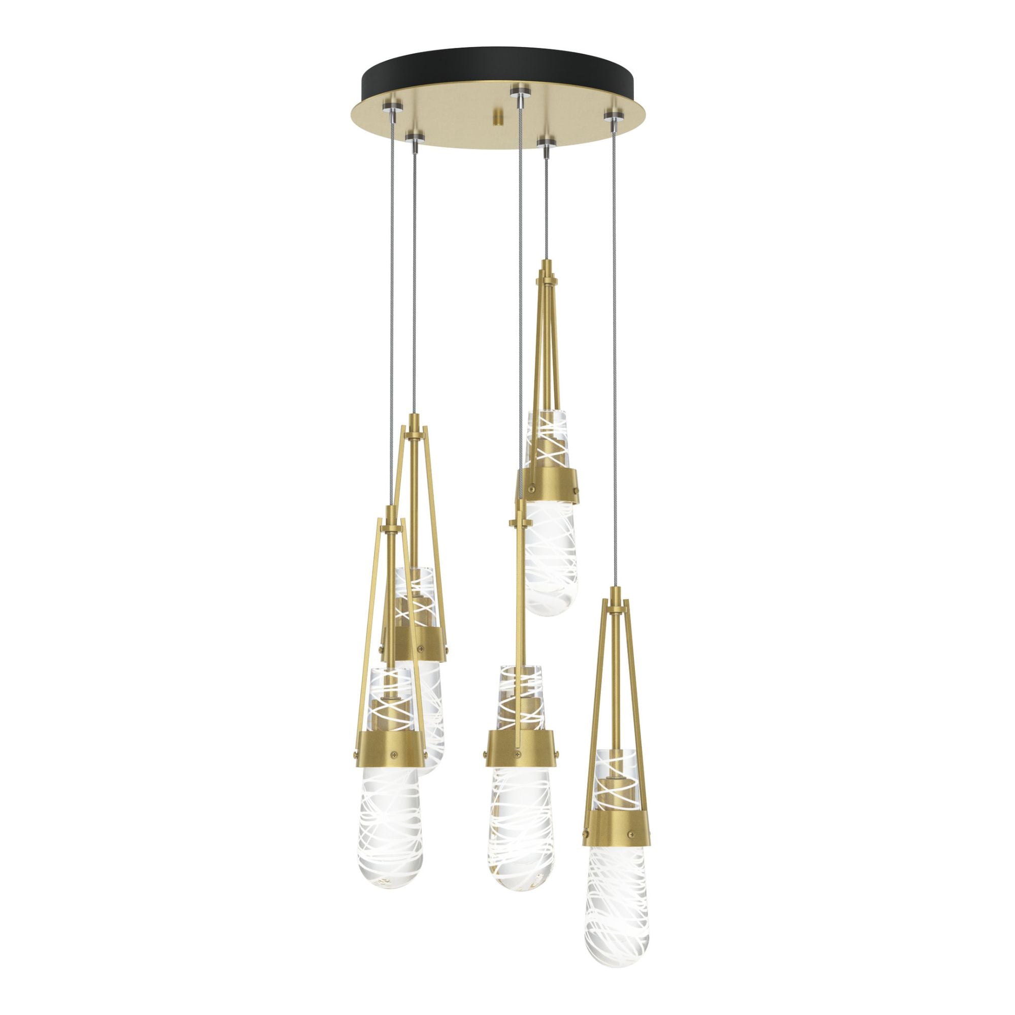 Link 5-Light Blown Glass Pendant 5-Light Clear Glass with White Threading (YJ) in Modern Brass