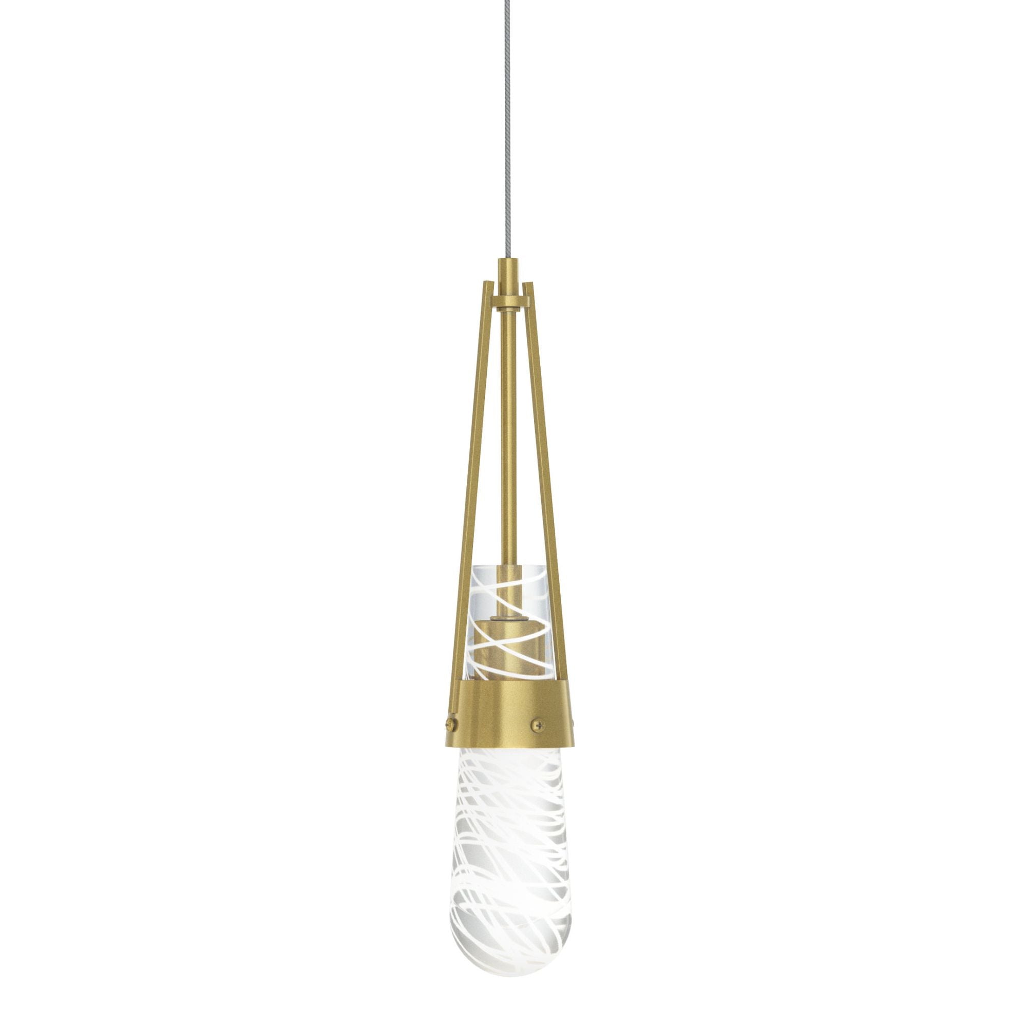 Link Blown Glass Low Voltage Mini Pendant 1-Light Clear Glass with White Threading (YJ) in Modern Brass