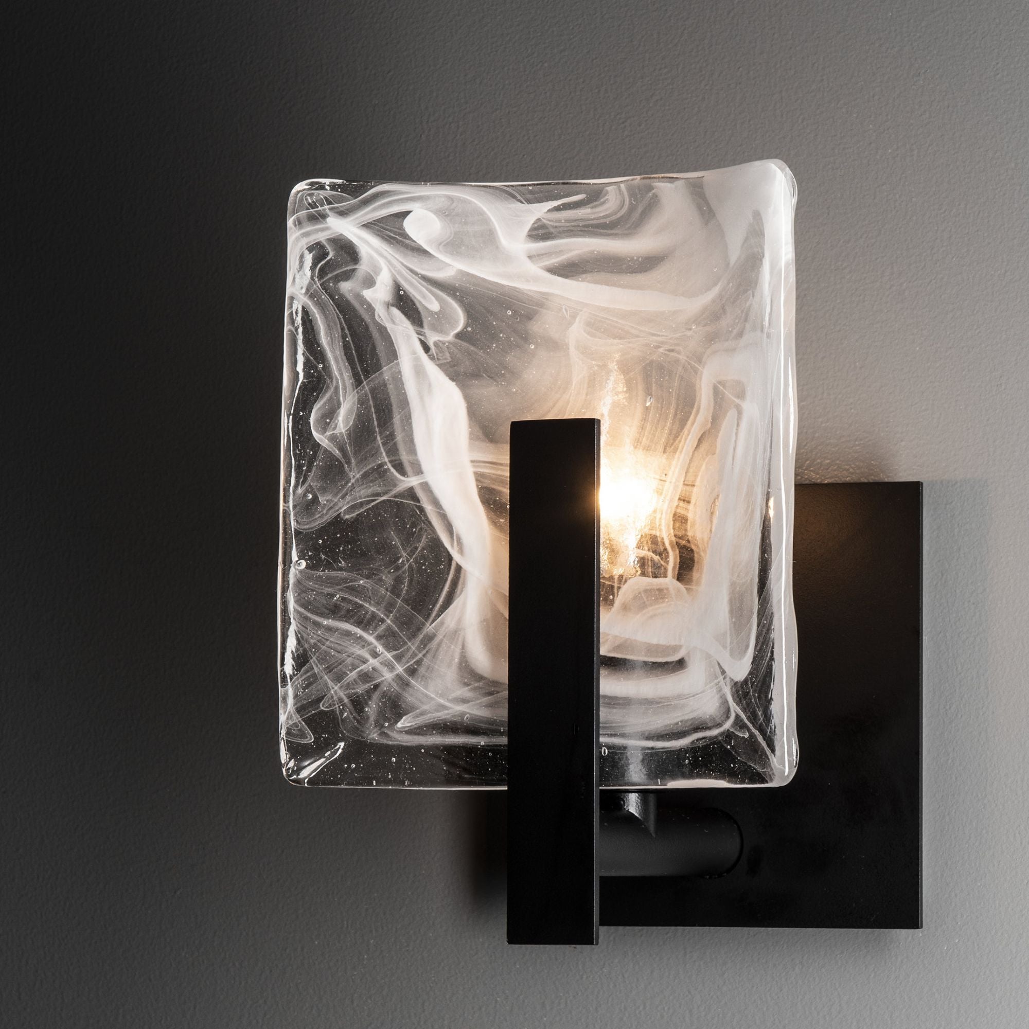 Arc Small 1-Light Bath Sconce 1-Light White Swirl Glass (YR) in Black