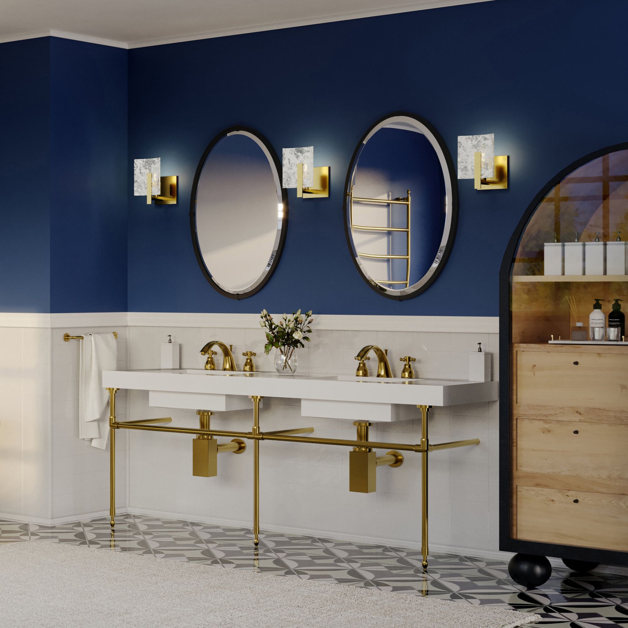 Arc Small 1-Light Bath Sconce 1-Light White Swirl Glass (YR) in Modern Brass