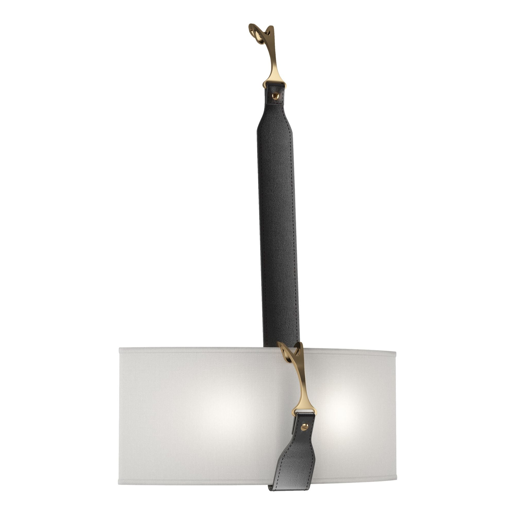 Saratoga Sconce 2-Light Antique Brass Accent Black Leather Natural Anna Shade (SF) in Black