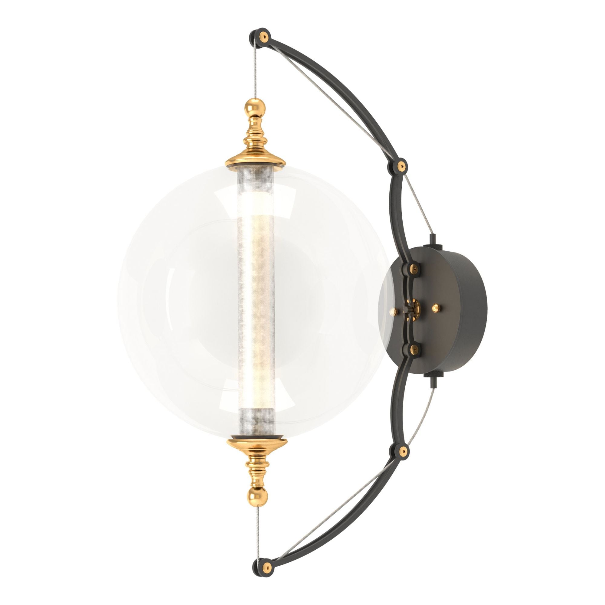Otto Sphere Sconce 2-Light Clear Glass with Stainless Steel Mesh Tube (YT) in Black with Brass Accents