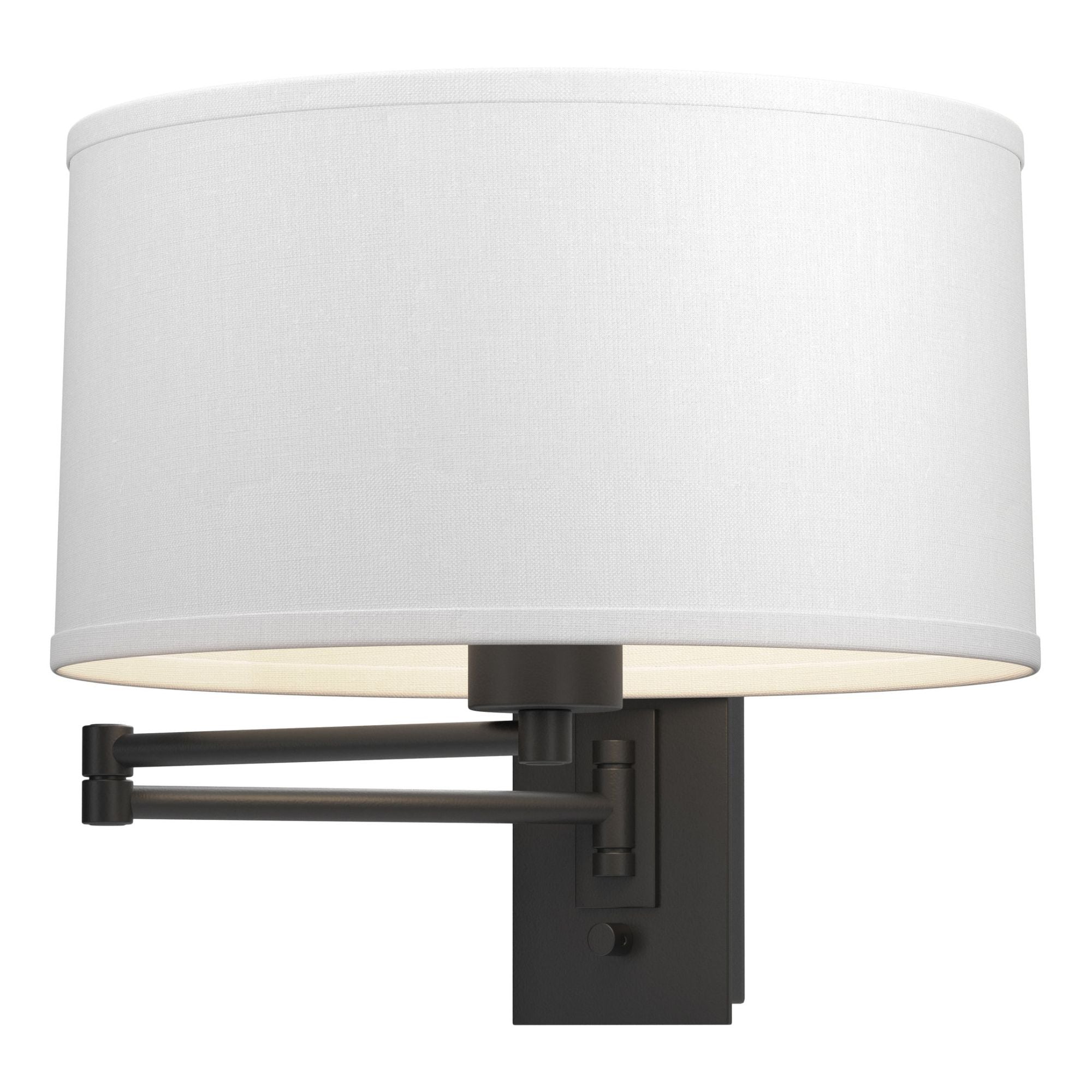 Simple Swing Arm Sconce 1-Light Natural Anna Shade (SF) in Black - Dimmer on Backplate