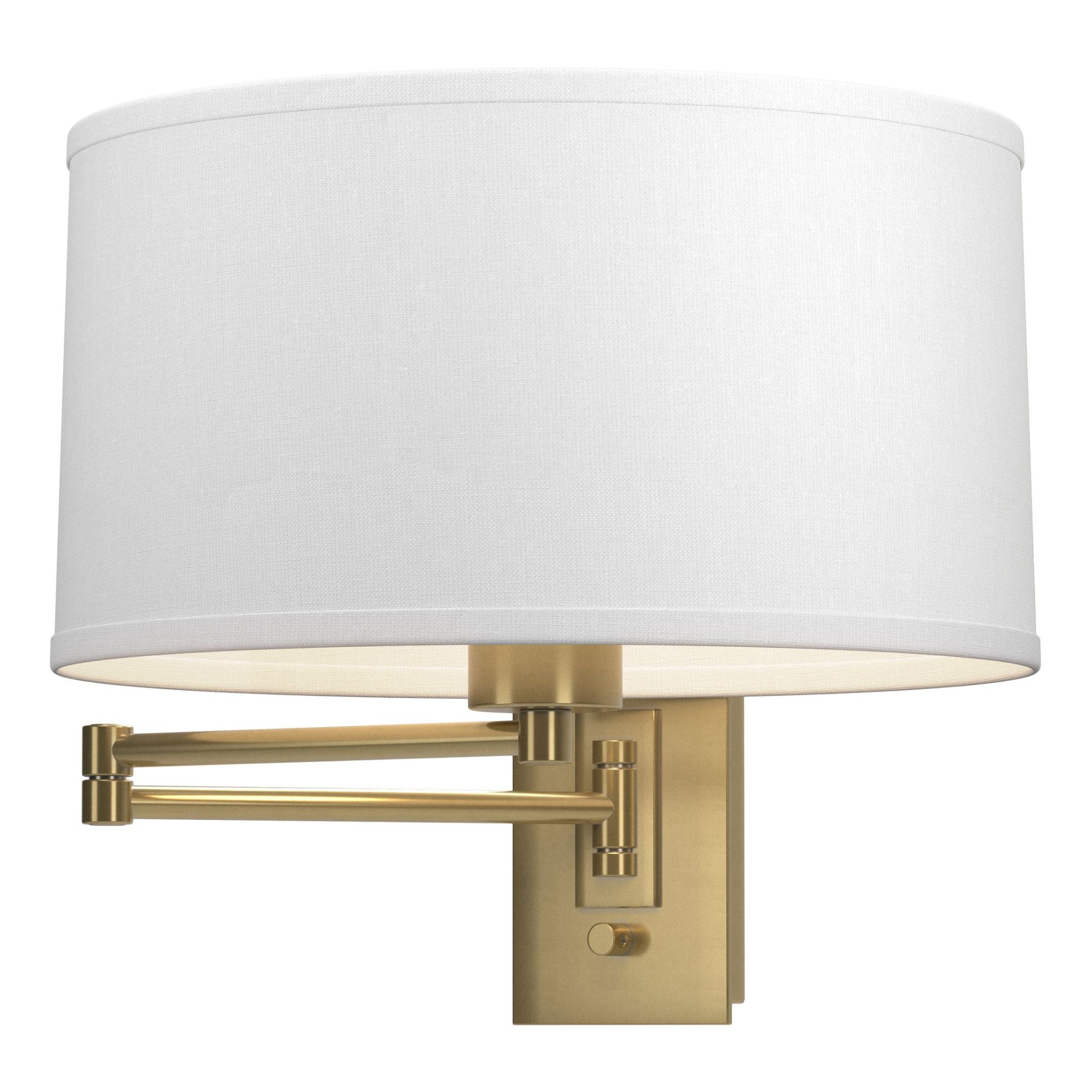 Simple Swing Arm Sconce 1-Light Natural Anna Shade (SF) in Modern Brass - Dimmer on Backplate