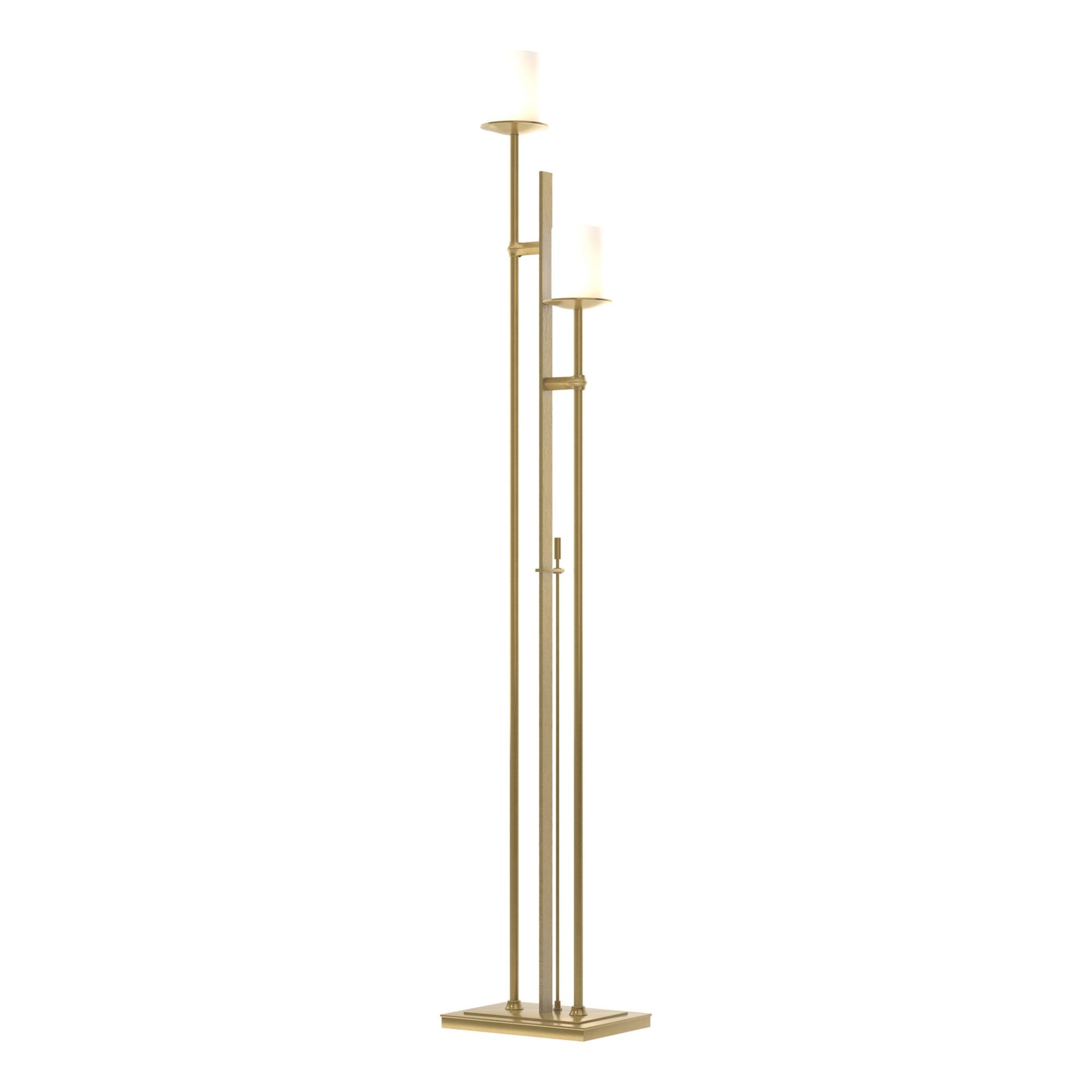 Rook Twin Floor Lamp 2-Light Opal Glass (GG) in Modern Brass - Dimmer on Base