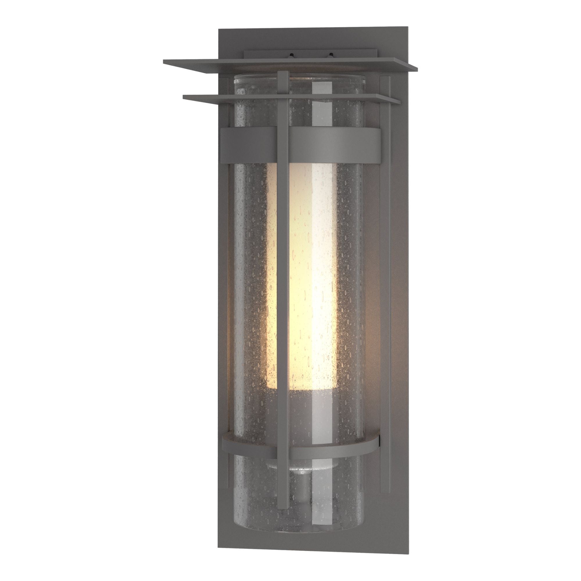 Torch Small Outdoor Sconce with Top Plate 1-Light Seeded Glass with Opal Diffuser (ZS) in Coastal Burnished Steel