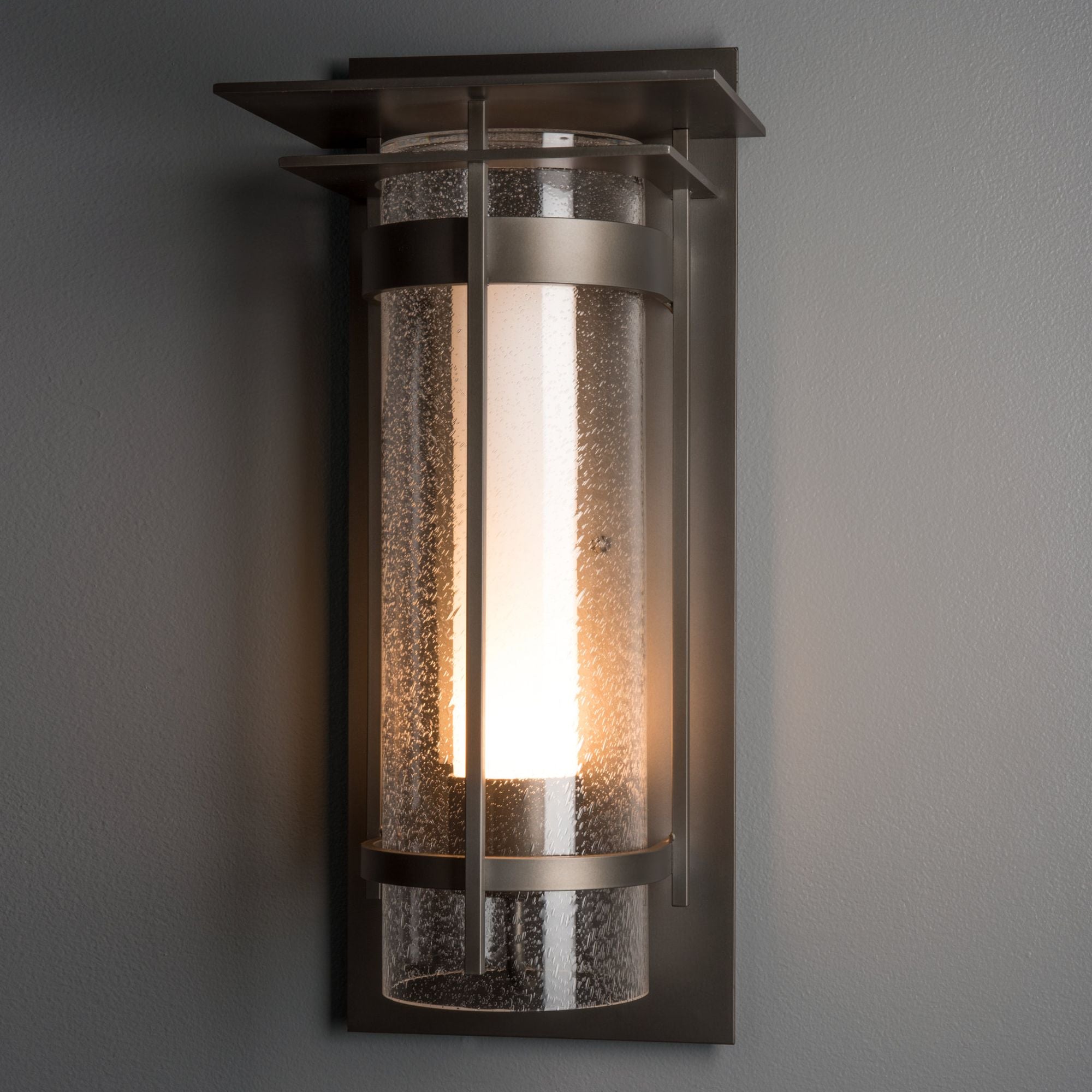 Torch with Top Plate Large Outdoor Sconce 1-Light Seeded Glass with Opal Diffuser (ZS) in Coastal Dark Smoke