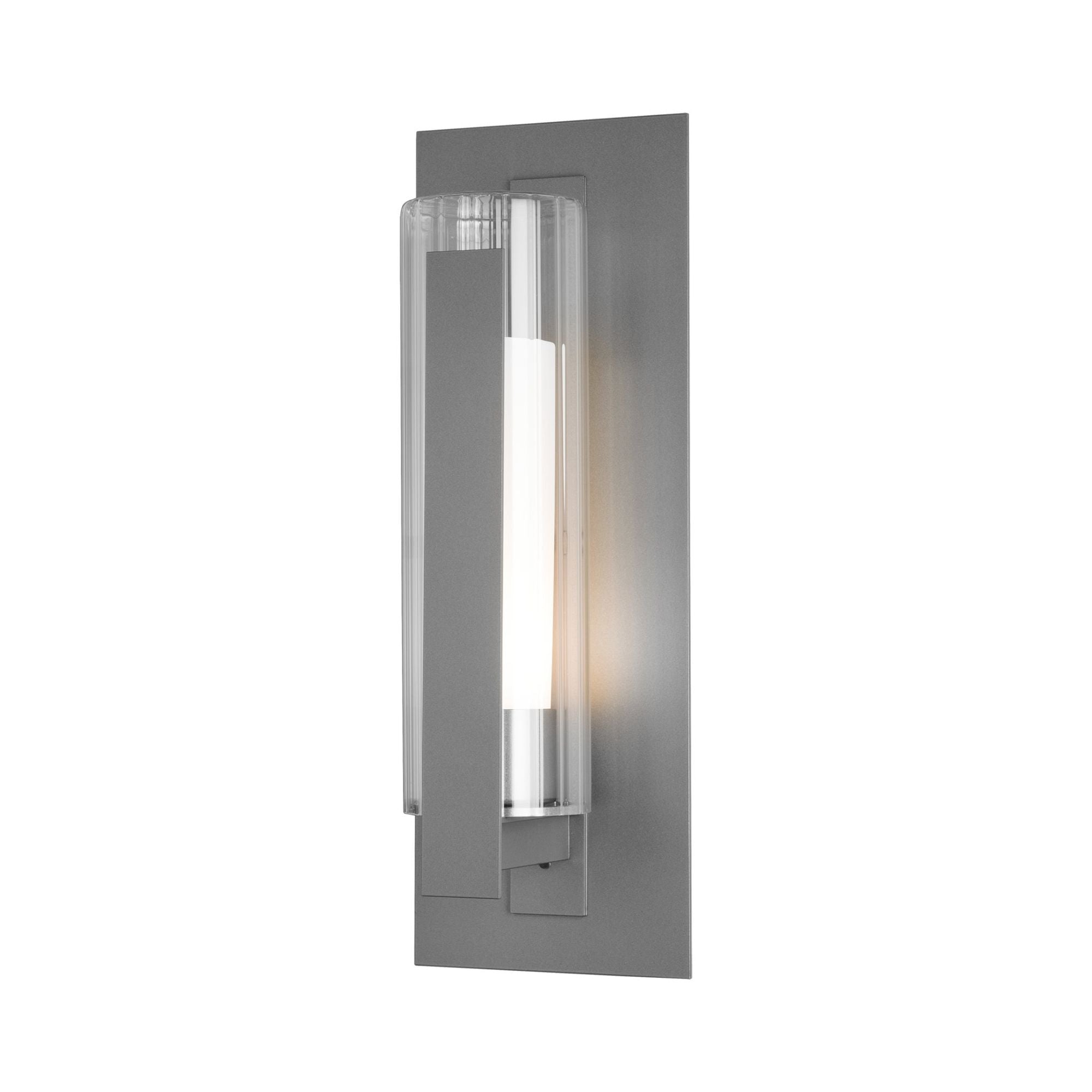 Vertical Bar Fluted Glass Medium Outdoor Sconce 1-Light Clear Glass with Opal Diffuser (ZU) in Coastal Burnished Steel