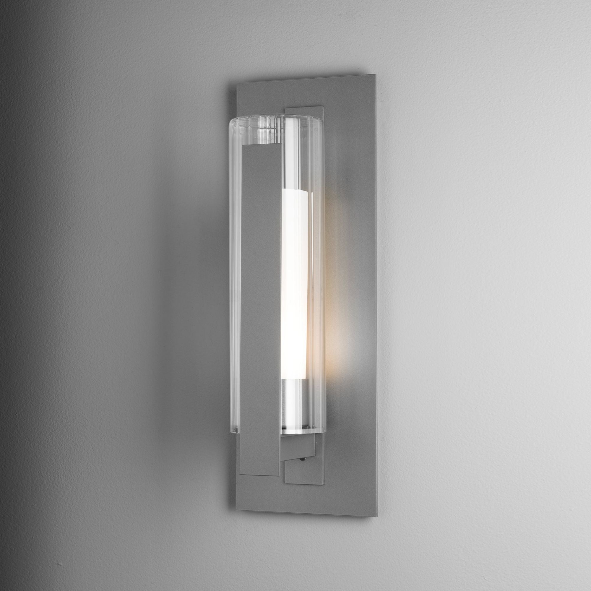 Vertical Bar Fluted Glass Medium Outdoor Sconce 1-Light Clear Glass with Opal Diffuser (ZU) in Coastal Burnished Steel