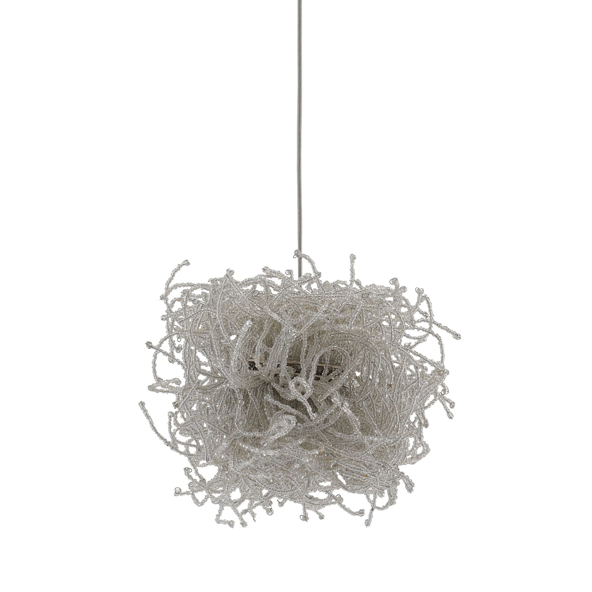 Birds Nest 1-Light Round Multi-Drop Pendant - Painted Silver/Clear