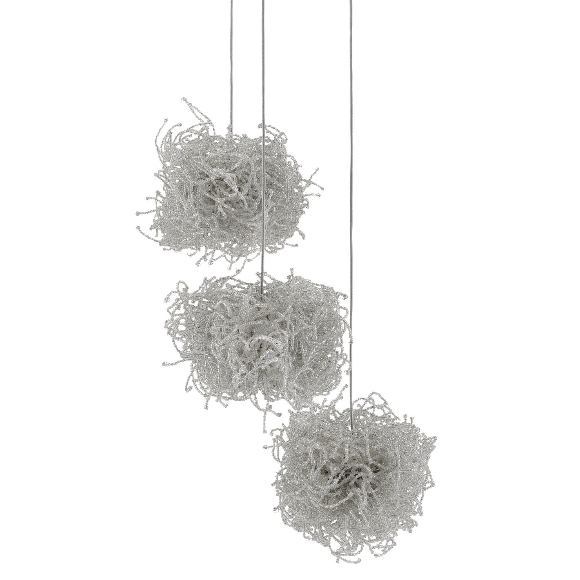 Birds Nest 3-Light Round Multi-Drop Pendant - Painted Silver/Clear