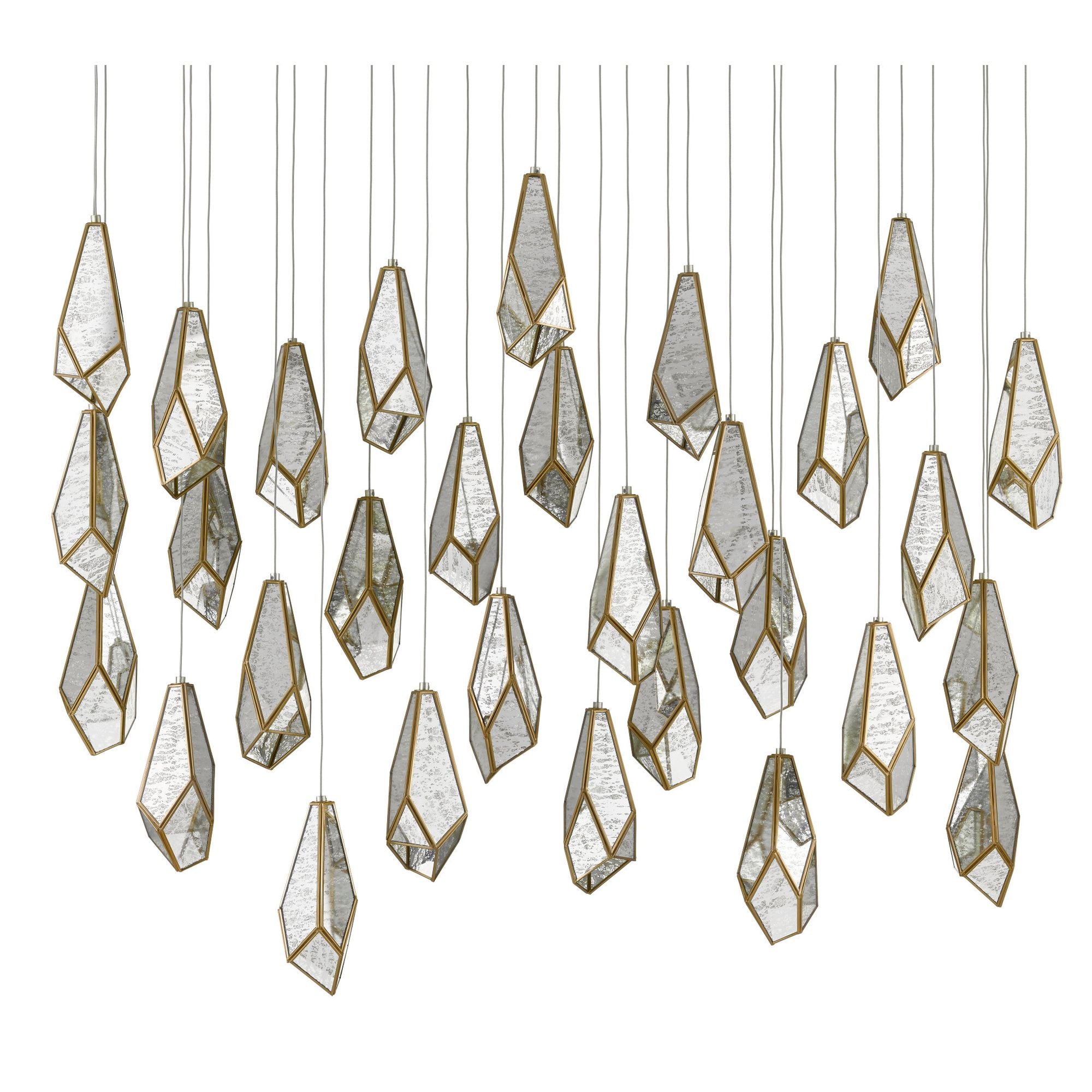 Glace Mirror 30-Light Rectangular Multi-Drop Pendant - Painted Silver/Antique Brass