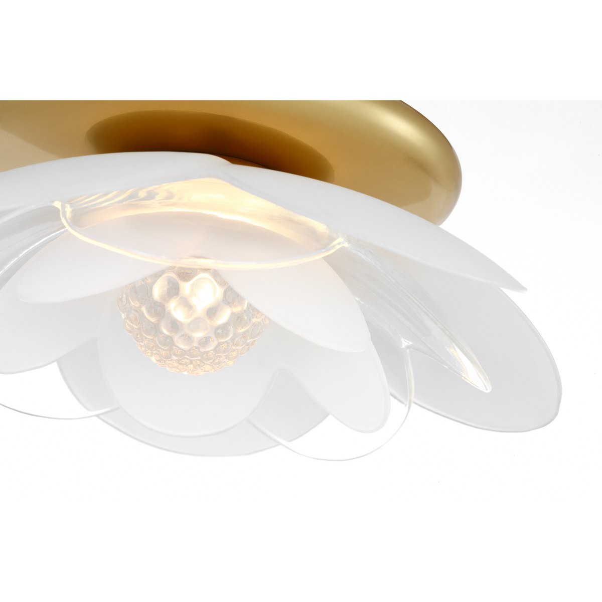 Barbara Barry Petaluma 7" Flush Mount in Soft Lacquered Brass with Etched and Clear Glass Flowers W7.25" x H2.5"