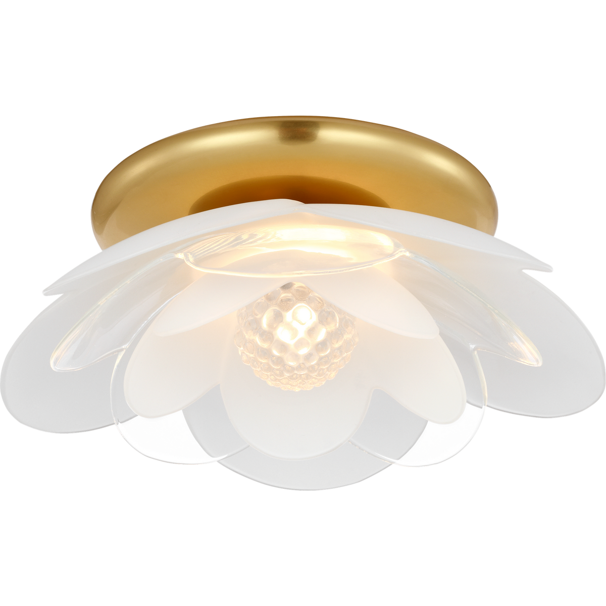 Barbara Barry Petaluma 7" Flush Mount in Soft Lacquered Brass with Etched and Clear Glass Flowers W7.25" x H2.5"