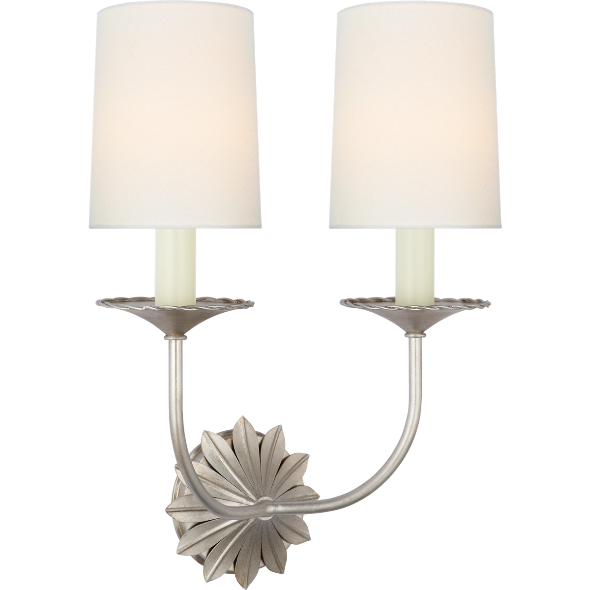 Suzanne Kasler Leslie 17" Double Sconce in Burnished Silver Leaf with Linen Shades W12.25" x H16.5" x E6.25"