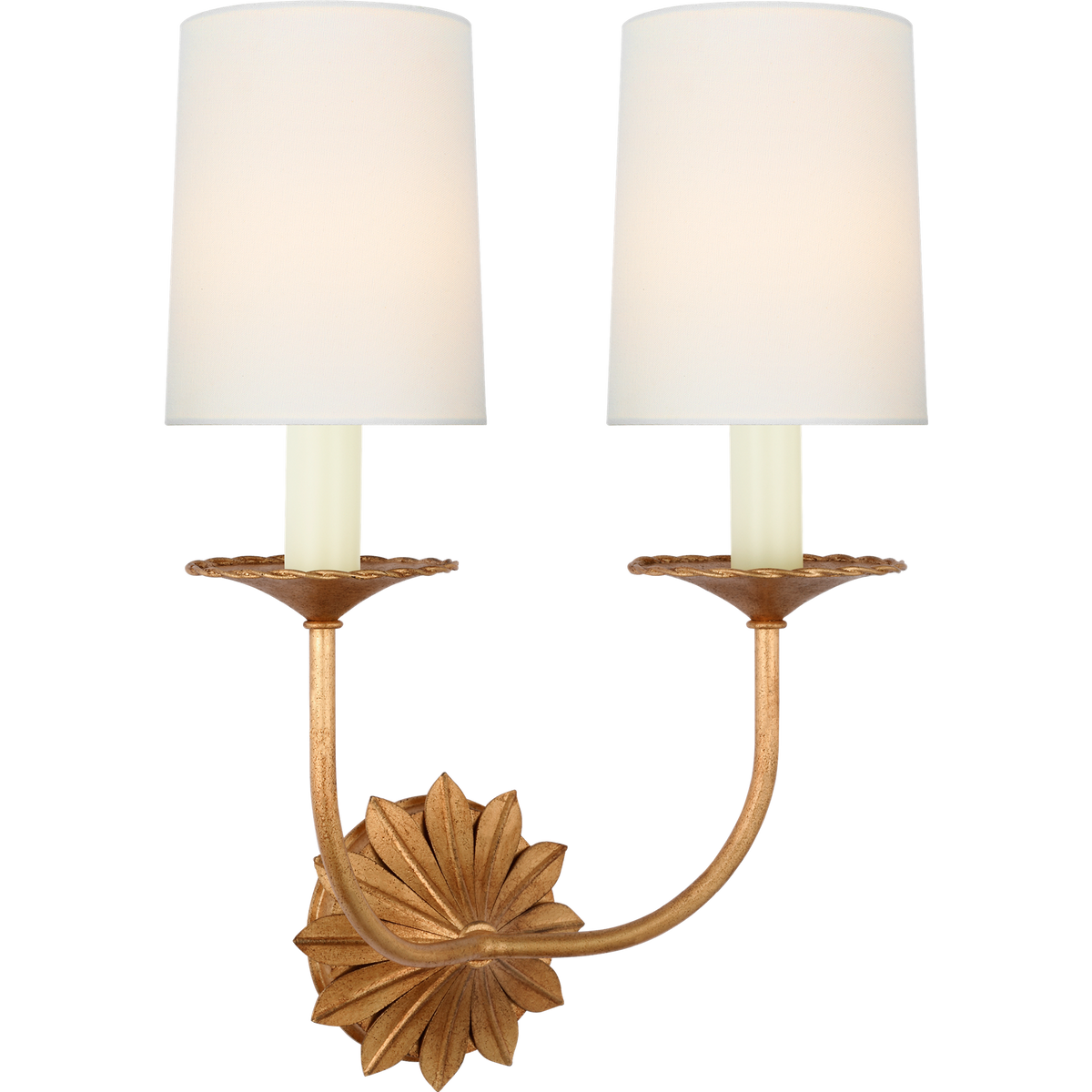 Suzanne Kasler Leslie 17" Double Sconce in Gilded Iron with Linen Shades W12.25" x H16.5" x E6.25"