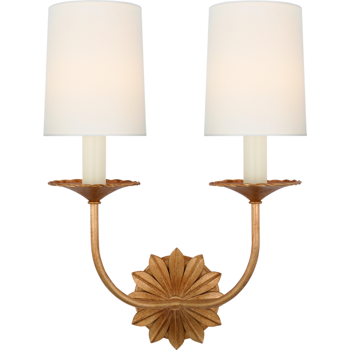 Suzanne Kasler Leslie 17" Double Sconce in Gilded Iron with Linen Shades W12.25" x H16.5" x E6.25"