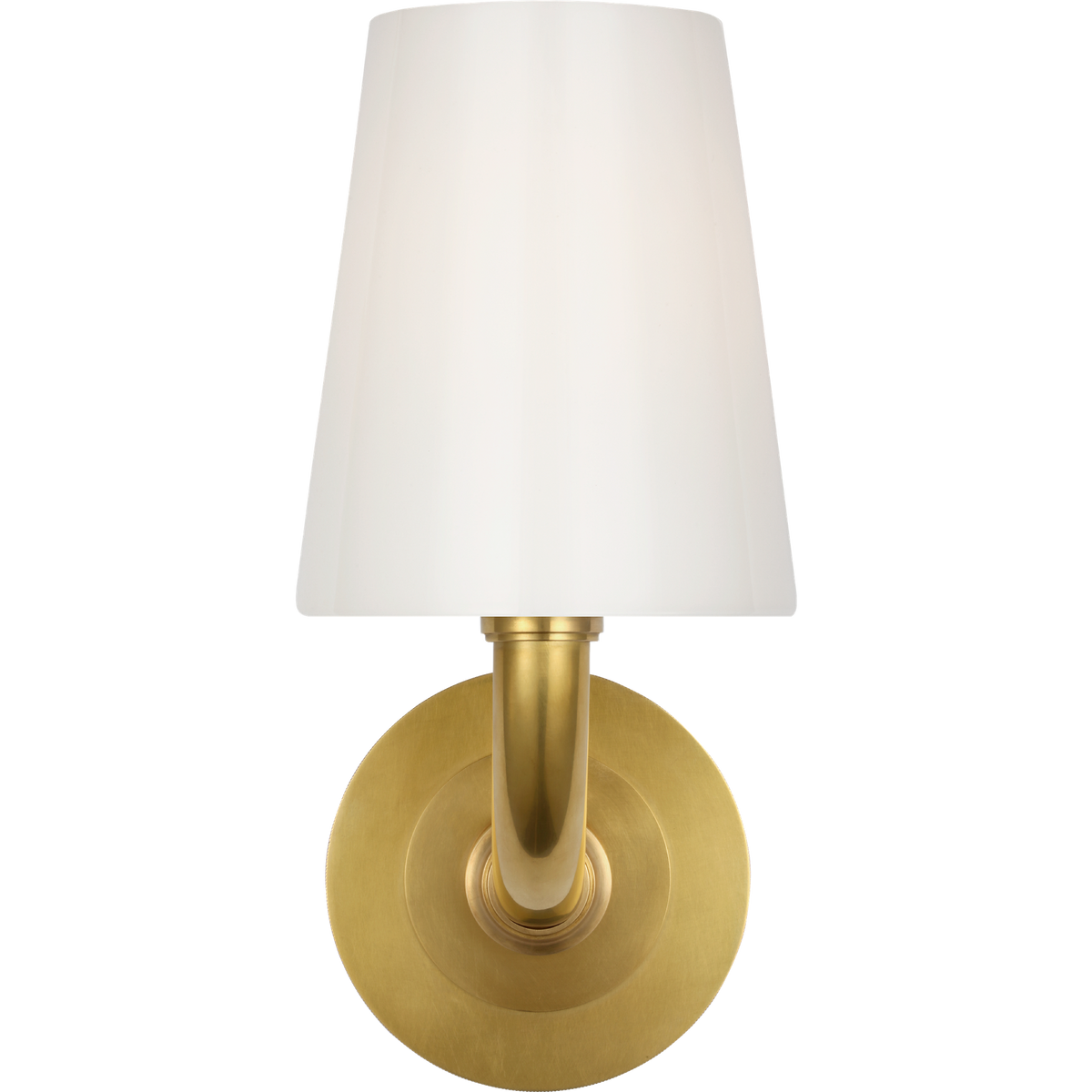 Thomas O'Brien Rally 12" Bath Sconce in Hand-Rubbed Antique Brass with White Glass Shade W5" x H11.75" x E6.5"