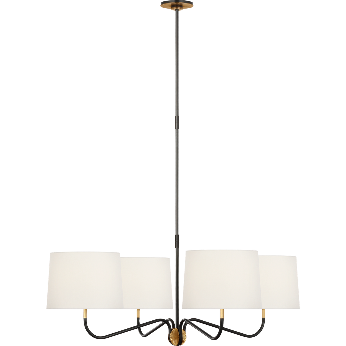 Thomas O'Brien Canto Large Four Arm Chandelier in Bronze and Hand-Rubbed Antique Brass with Linen Shades W40"