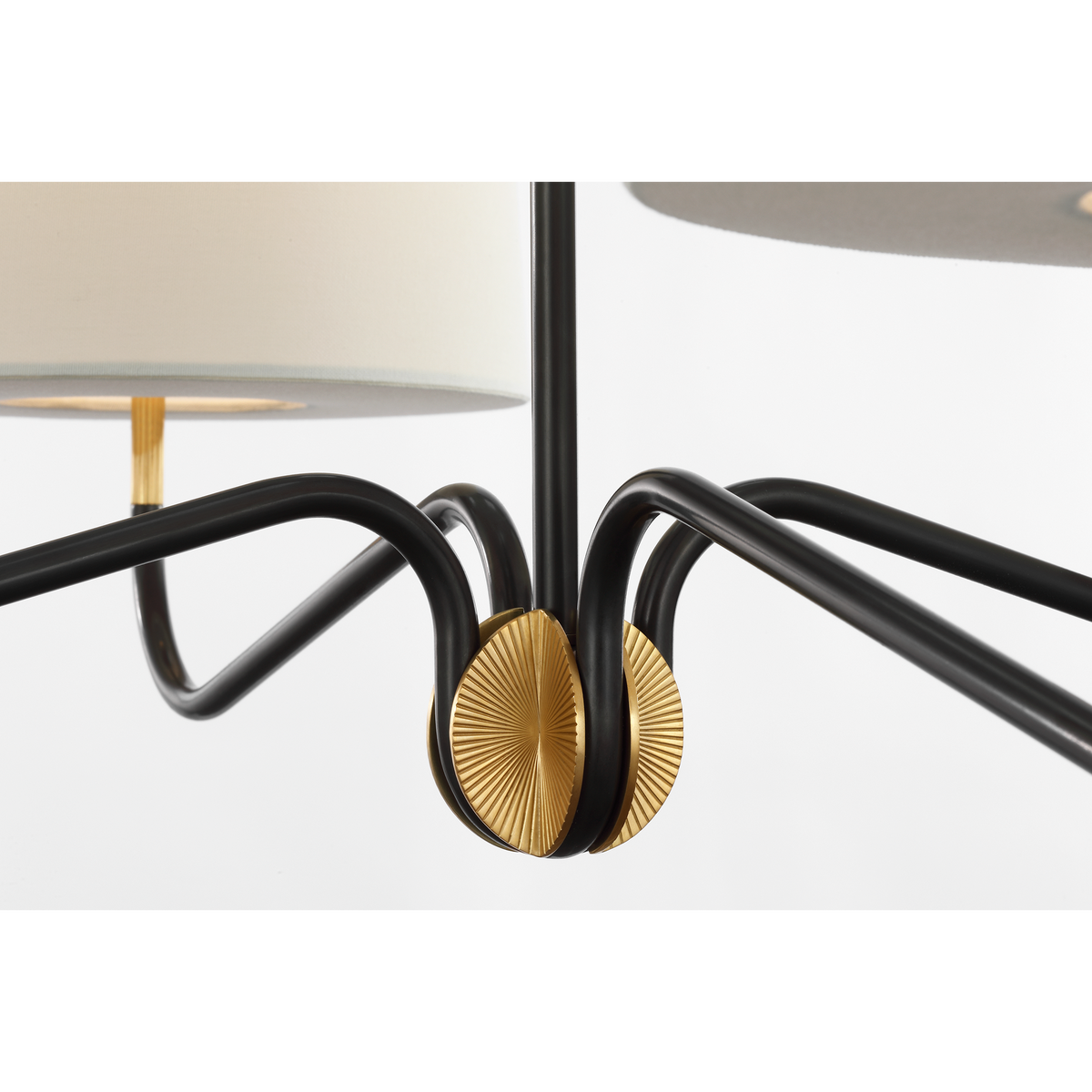 Thomas O'Brien Canto Large Four Arm Chandelier in Bronze and Hand-Rubbed Antique Brass with Linen Shades W40"