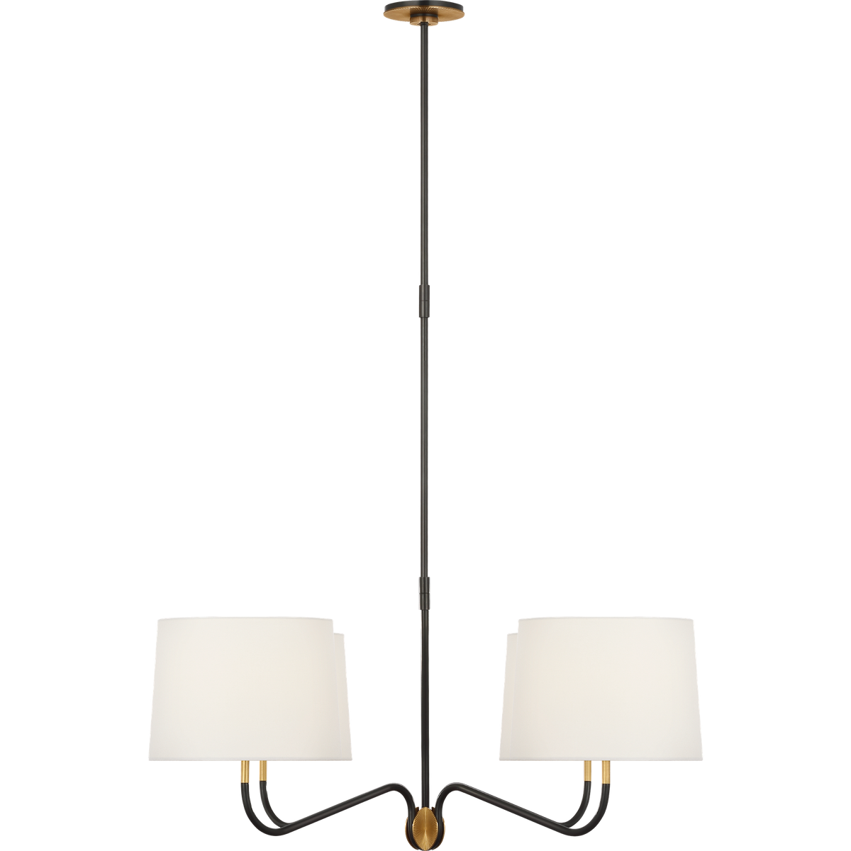 Thomas O'Brien Canto Large Four Arm Chandelier in Bronze and Hand-Rubbed Antique Brass with Linen Shades W40"
