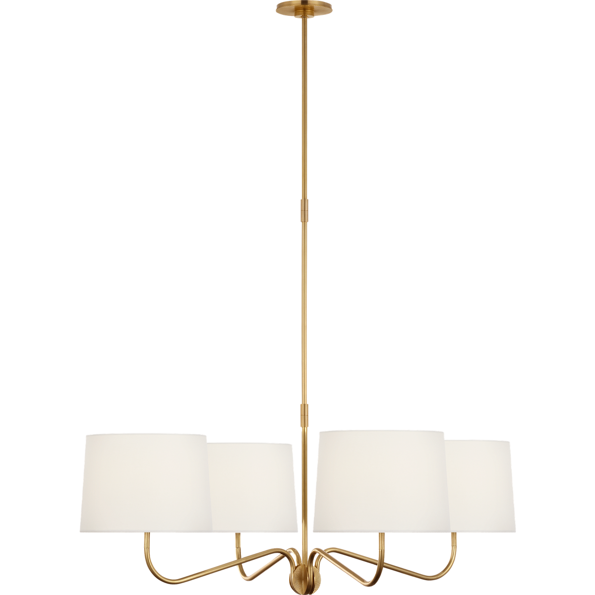 Thomas O'Brien Canto Large Four Arm Chandelier in Hand-Rubbed Antique Brass with Linen Shades W40"