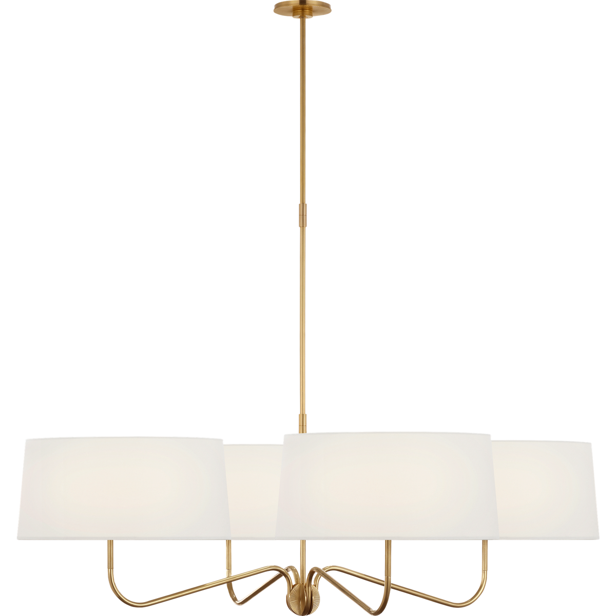 Thomas O'Brien Canto Extra Large Four Arm Chandelier in Hand-Rubbed Antique Brass with Linen Shades W50"