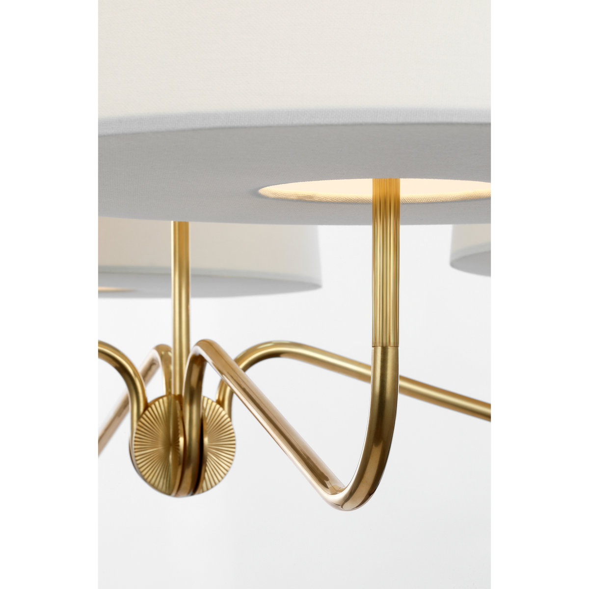 Thomas O'Brien Canto Extra Large Four Arm Chandelier in Hand-Rubbed Antique Brass with Linen Shades W50"