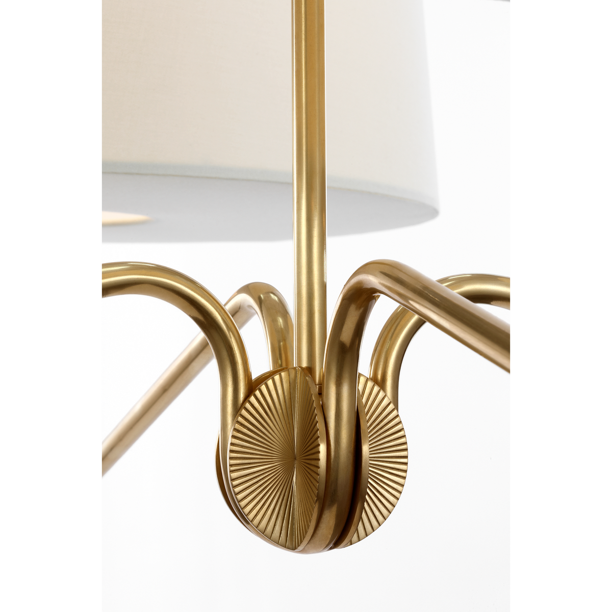 Thomas O'Brien Canto Extra Large Four Arm Chandelier in Hand-Rubbed Antique Brass with Linen Shades W50"