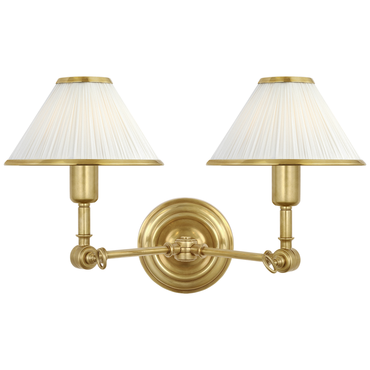 Ralph Lauren Anette Double Sconce in Natural Brass with Silk Pleated Shades W15.5" - 19.75" x H11" x E8" - 11.25"