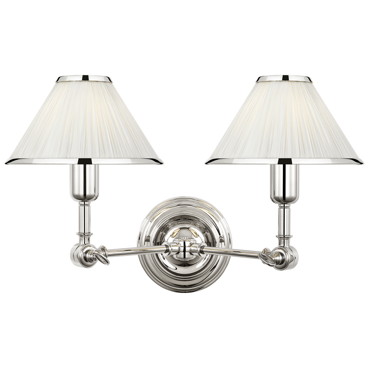 Ralph Lauren Anette Double Sconce in Polished Nickel with Silk Pleated Shades W15.5" - 19.75" x H11" x E8" - 11.25"