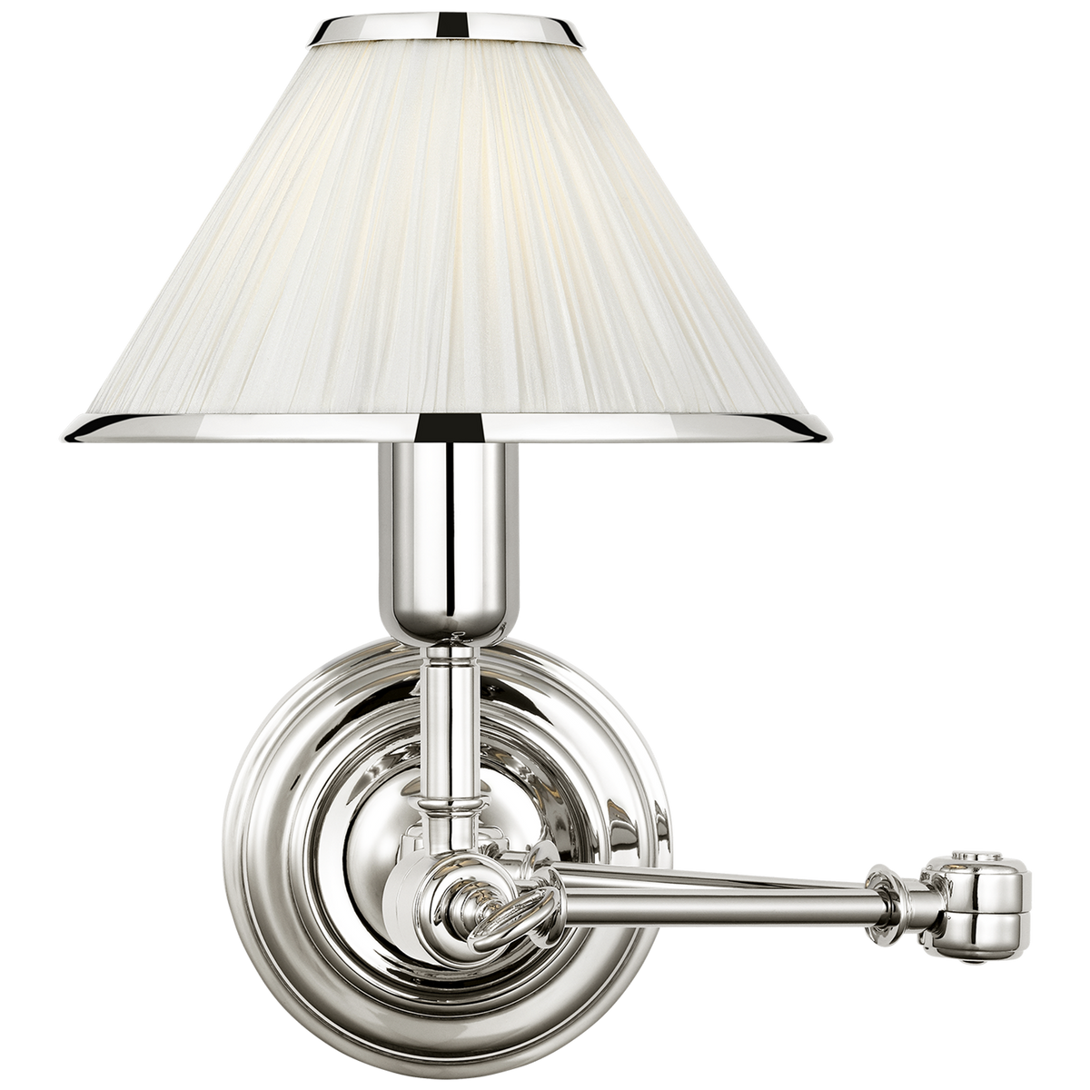 Ralph Lauren Anette Swing Arm Sconce in Polished Nickel with Silk Pleated Shade W7.25" x H10.75" x E7.25 - 17.75"