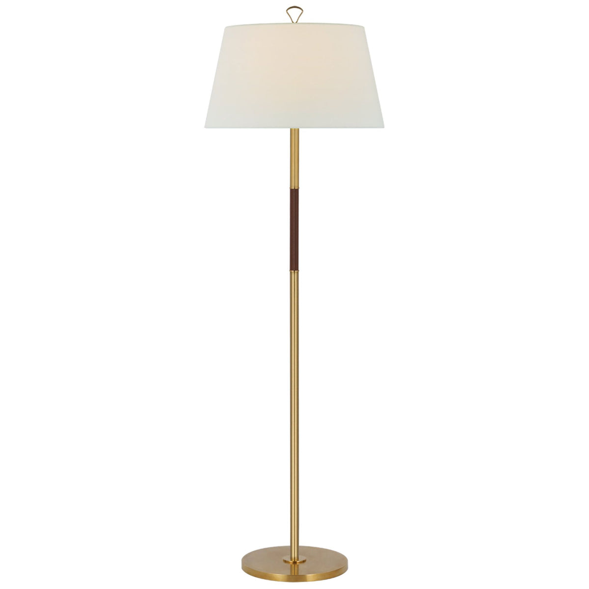 Amber Lewis Griffin Large Floor Lamp in Hand-Rubbed Antique Brass and Saddle Leather with Linen Shade W19.5" x H62.5"